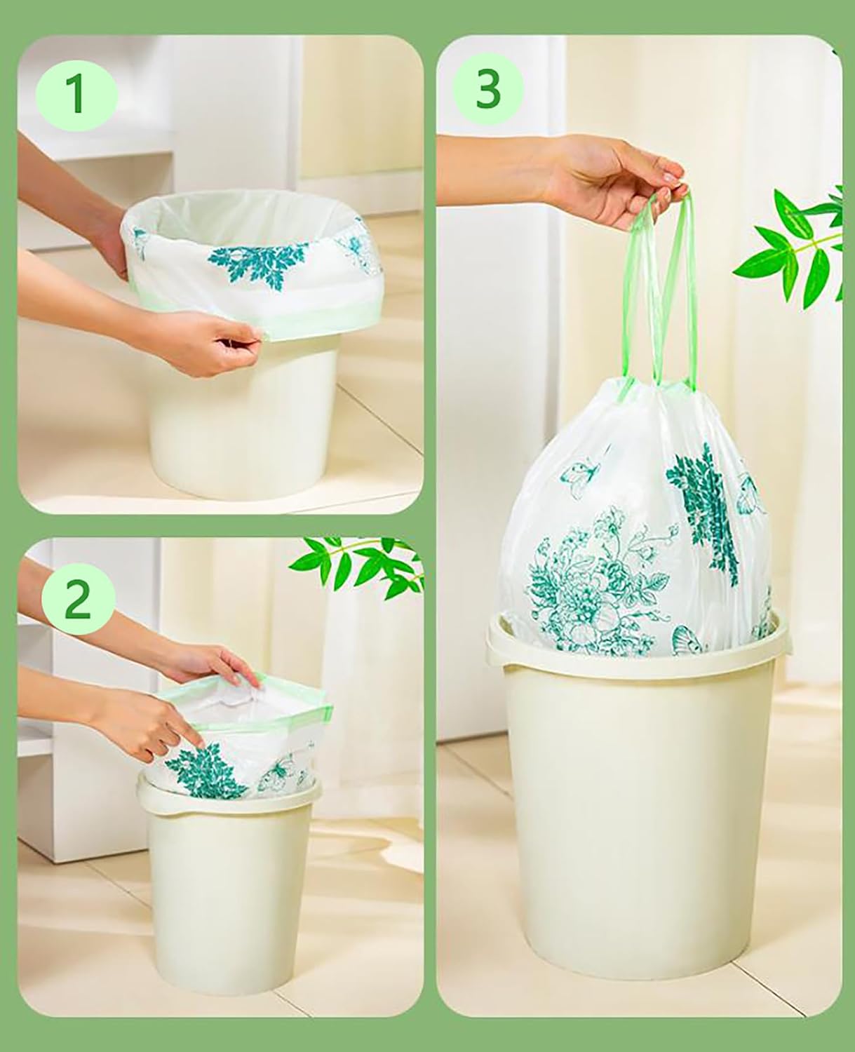 60pcs 4 Gallon Trash Bags Drawstring Tear-Free for Bathroom Office Home Bedroom Trash Can with Green Printed Garbage Basket Bags (Green 60pcs) image 2