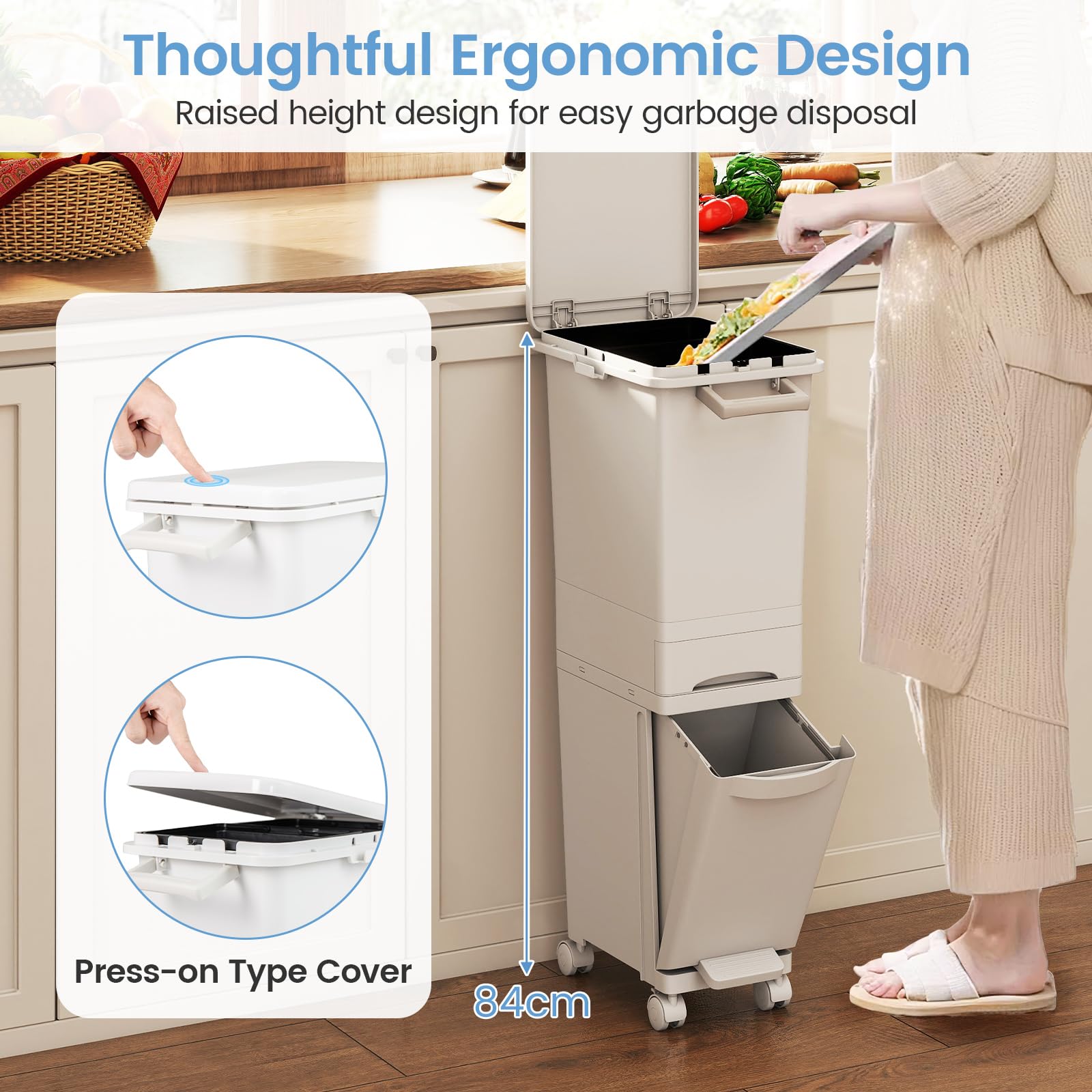 GOPLUS Cubo de Basura Vertical 30L, 3 en 1 con Pedal y Ruedas, Contenedor de Basura con Cubierta, Cajón y Pegatinas de Clasificación para Cocina y Sala de Estar (Blanco)