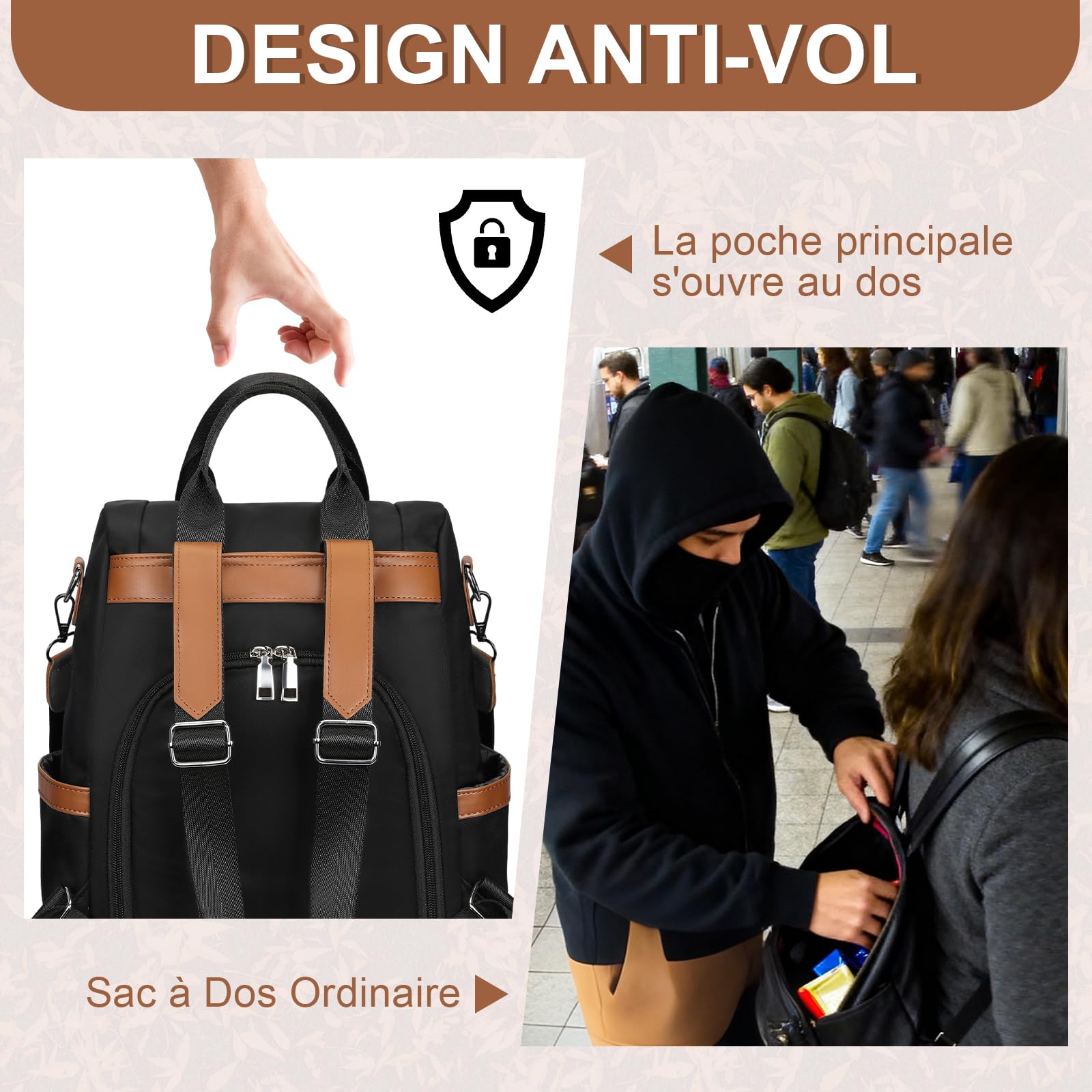 Eshow Sac a Dos Femme Antivol, Sacs à Main Portés Dos Elégant Léger 3 en 1, Petit Sac Bandoulière Fort Backpack Casual pour Voyage Travail Université Loisirs Shopping Noir