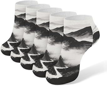 Black And White Mountain Ankle Socks 5-Pack, Breathable Casual Athletic Socks for Women Men, One Size 6-11