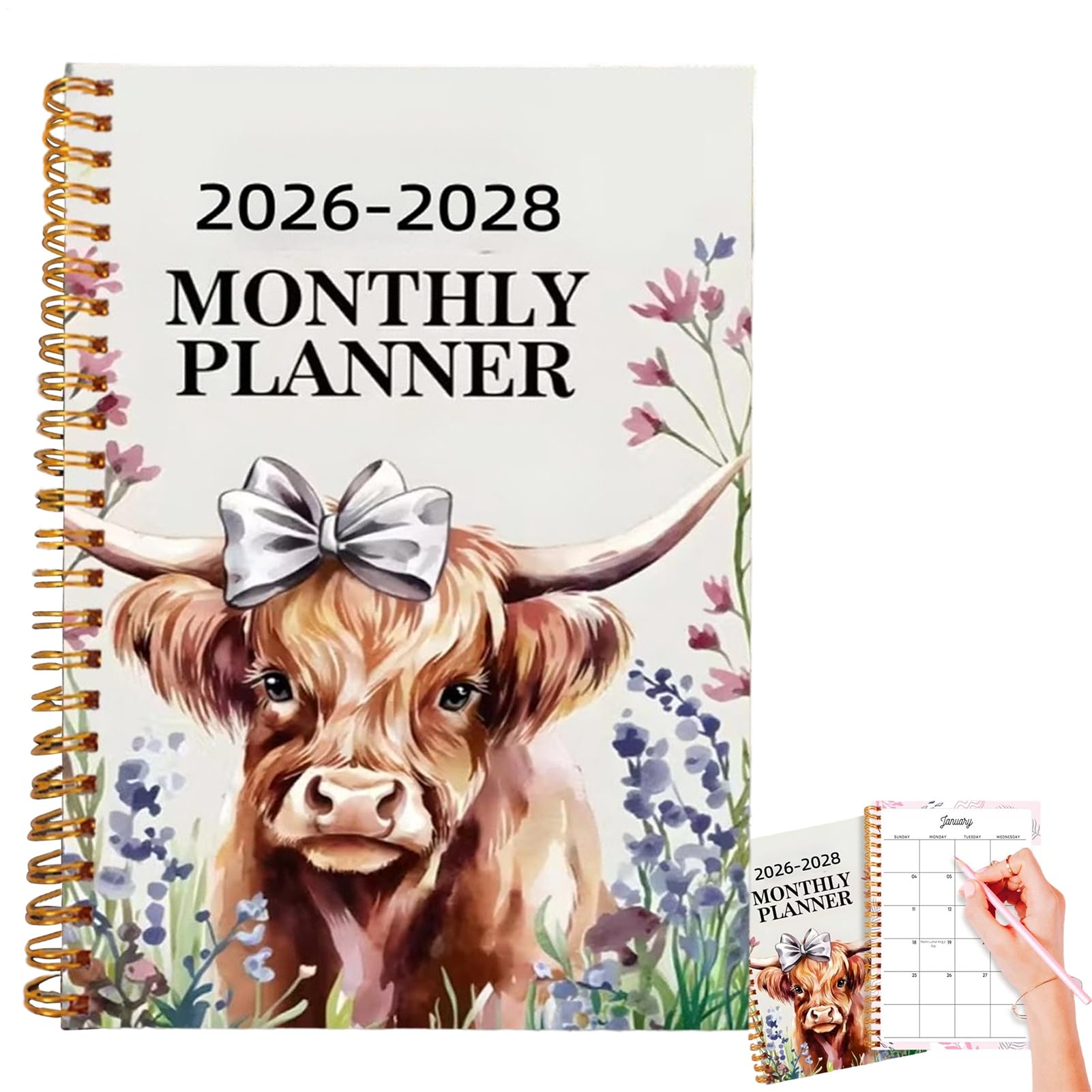 Planner 2026-2028, 50 Pages Spiral Bound Portable Notepad - Agenda Book with Cattle Pattern - for Children Writing Office School Home Friends Holidays Christmas Birthday