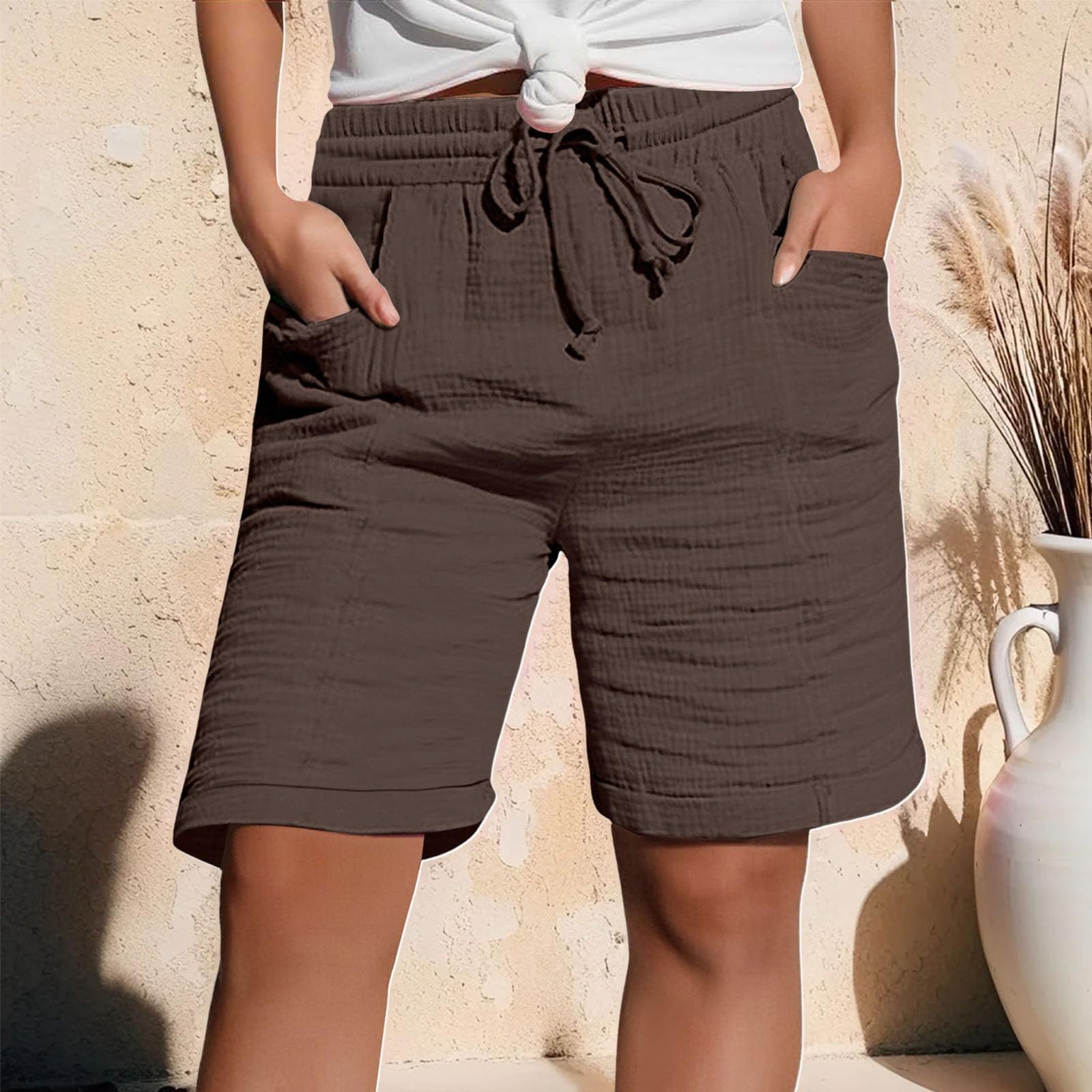 Generisch Short blanc tendance et décontracté pour femme en coton et lin de couleur unie avec taille élastique