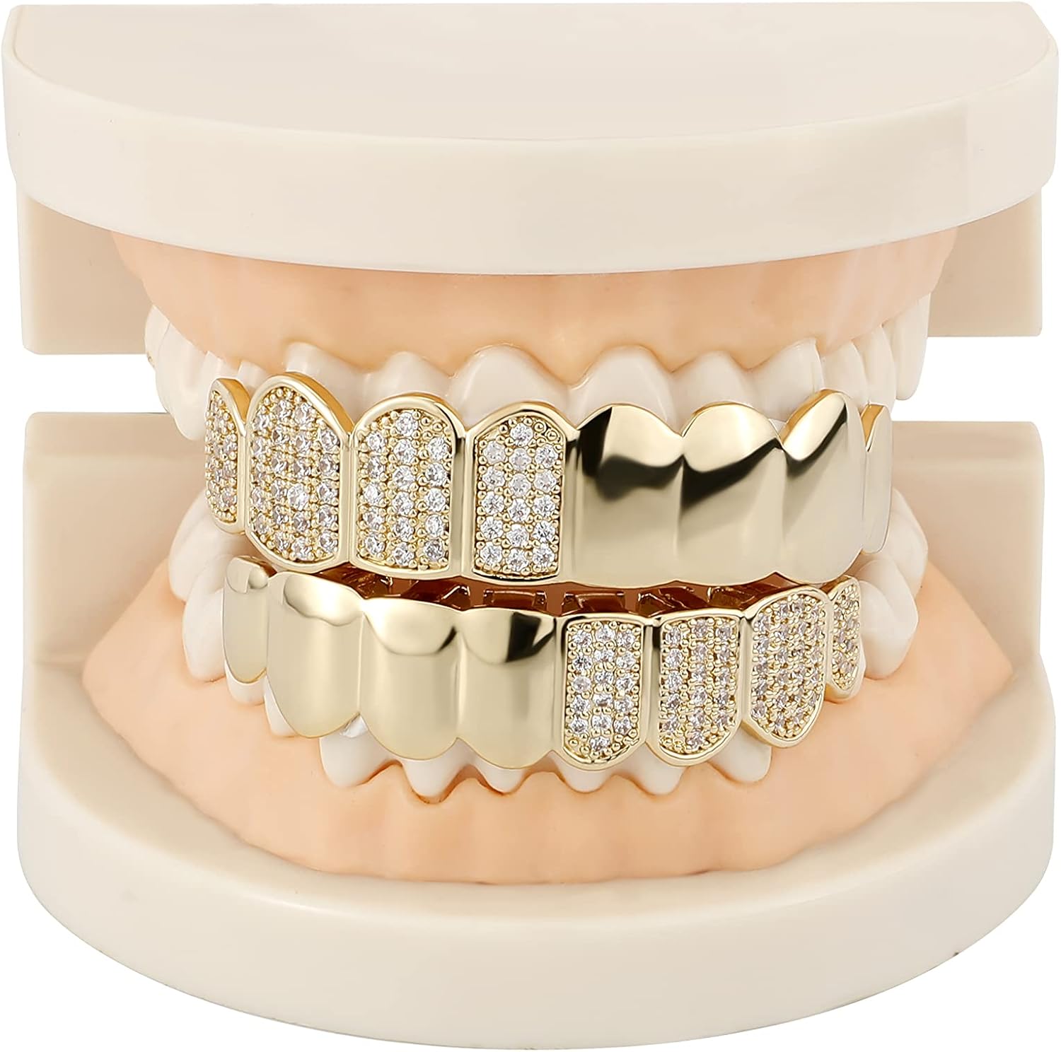 JINAO Hip Hop Half Diamond Top Bottom Grills for Your Teeth 14K Gold Plated Face Iced Out Cubic Zirconia Mouth Grillz for Men Women Fake Teeth Grill with Extra Molding Bars