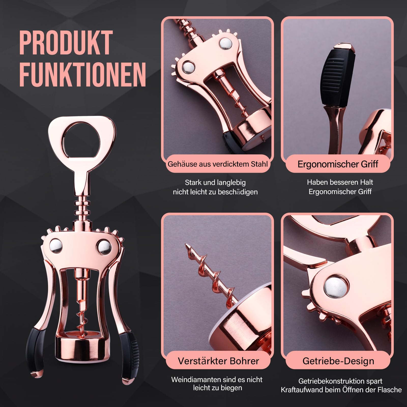 Weinöffner, multifunktionaler Flügelkorkenzieher für alle Korkstopfen und Bierdeckelflaschen, Luxus-Kellner-Korkenzieher mit Foil Cutter Set für Weinliebhaber, Kellner – ROSE GOLD
