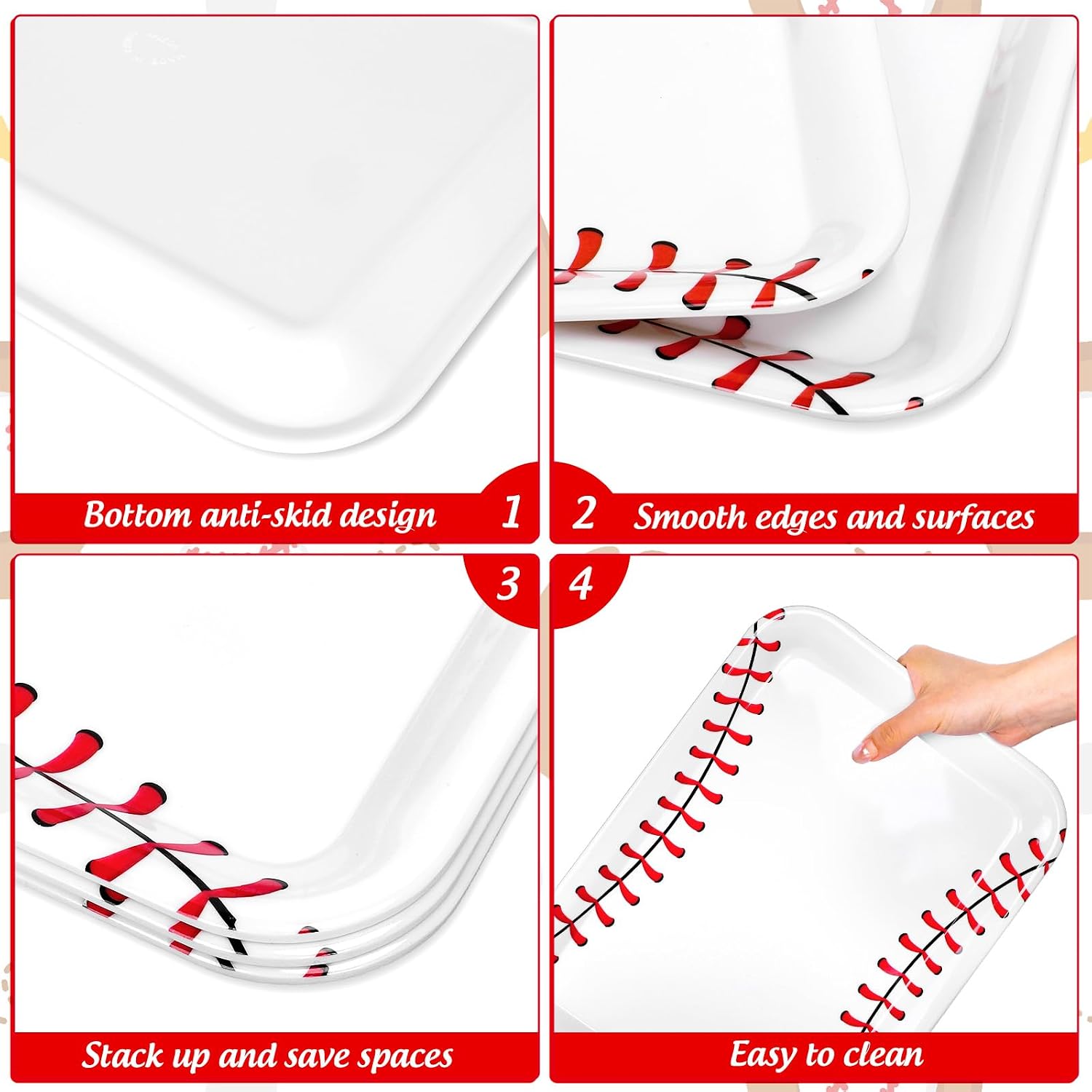 FYSUIMU 3Pcs Baseball Serving Trays Minimalist Baseball Print Platter Red White Serving Dish for Team Game Sport Birthday Party Decor