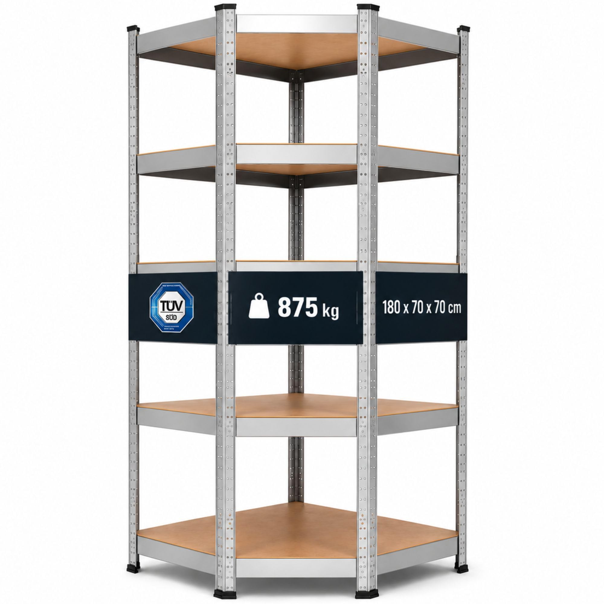 Arebos Eckregal Schwerlastregal Steckregal 875kg | Einfache Montage durch Stecksystem | 180 x 70 x 70 cm | 5 Böden aus MDF | bis zu 175 kg pro Regalboden | Verzinkt