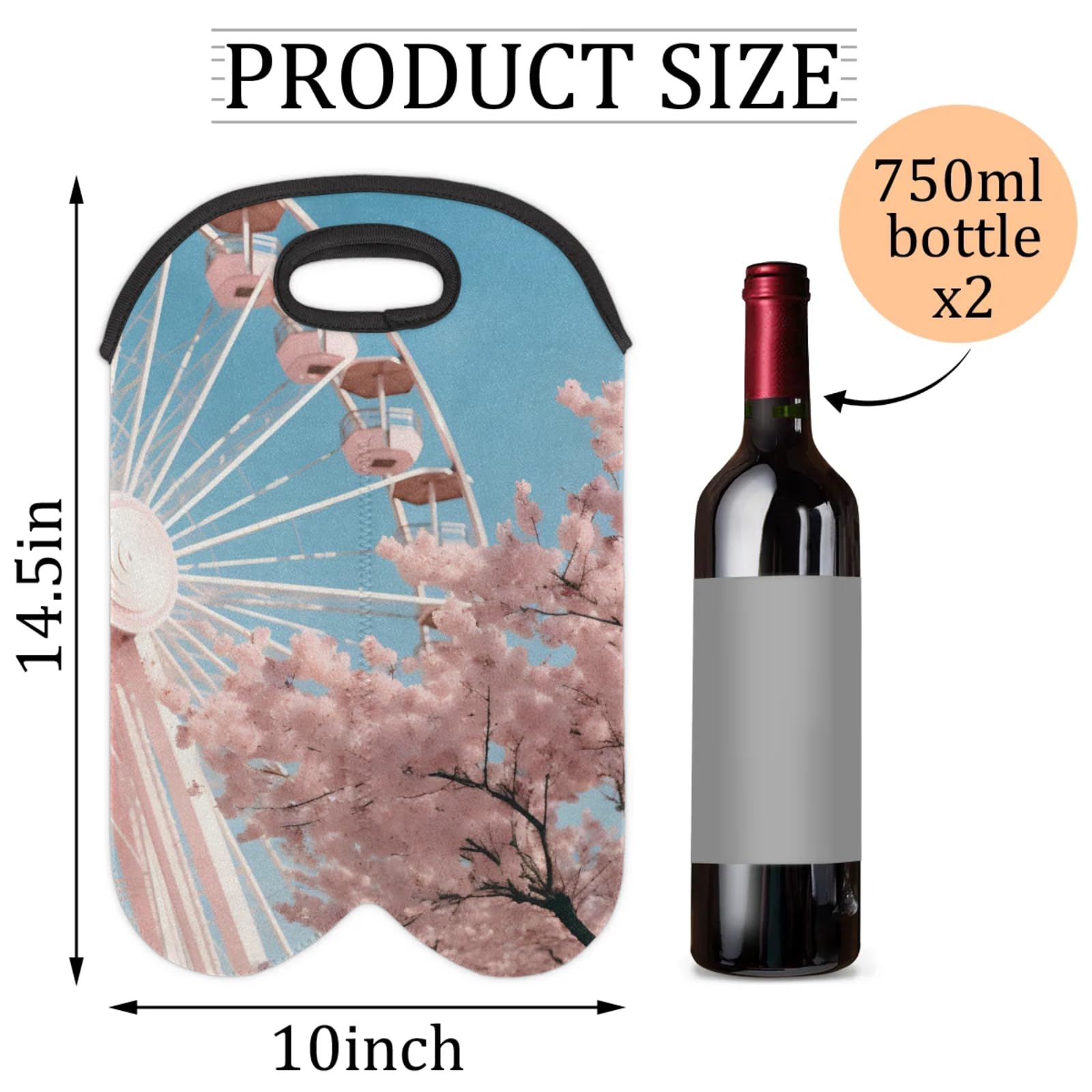 GzLeyigou 2 Bottles Ferris Wheel Pink Wine Bag Sleeve Totes Neoprene Protective Wine Carrier Bag for Wine,Water, Champagne, Beer, Baby Bottles,Gift 14.5 x 10 Inches
