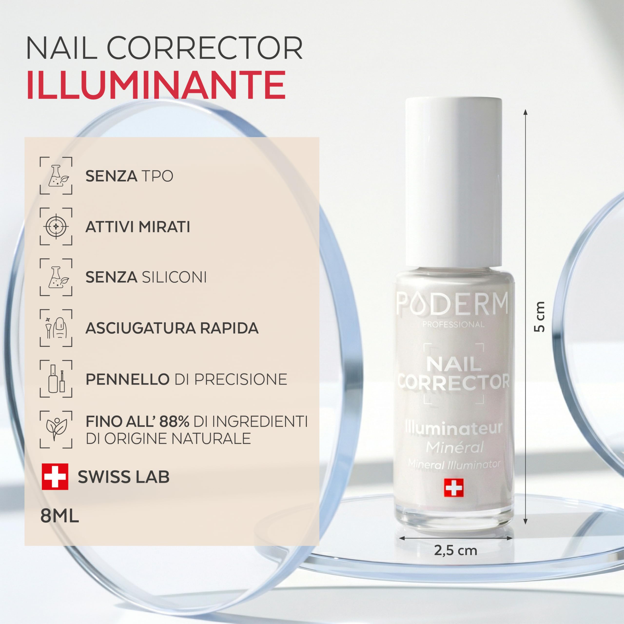 PODERM Smalto Trattamento Unghie Correttivo & Perfezionatore – Illuminante | 8 ML - Esalta Brillantezza Naturale | Micro-minerali Riflettenti Luce | Sviluppato da Podologo in Svizzera