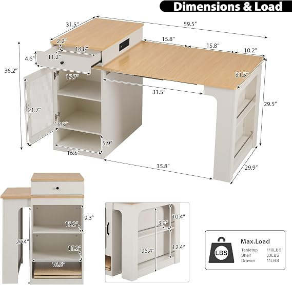 59.5 Kitchen Island with Extendable Dining Table for 2-4 Person, Kitchen Table with Double-sided Storage, 2 Drawers, Power Outlet and Side Open Shelves for Dining Room, Faux Marble Table Top, White
