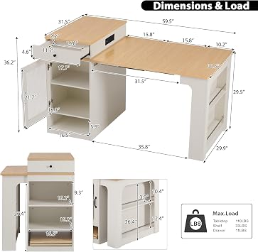 59.5 Kitchen Island with Extendable Dining Table for 2-4 Person, Kitchen Table with Double-sided Storage, 2 Drawers, Power Outlet and Side Open Shelves for Dining Room, Faux Marble Table Top, White