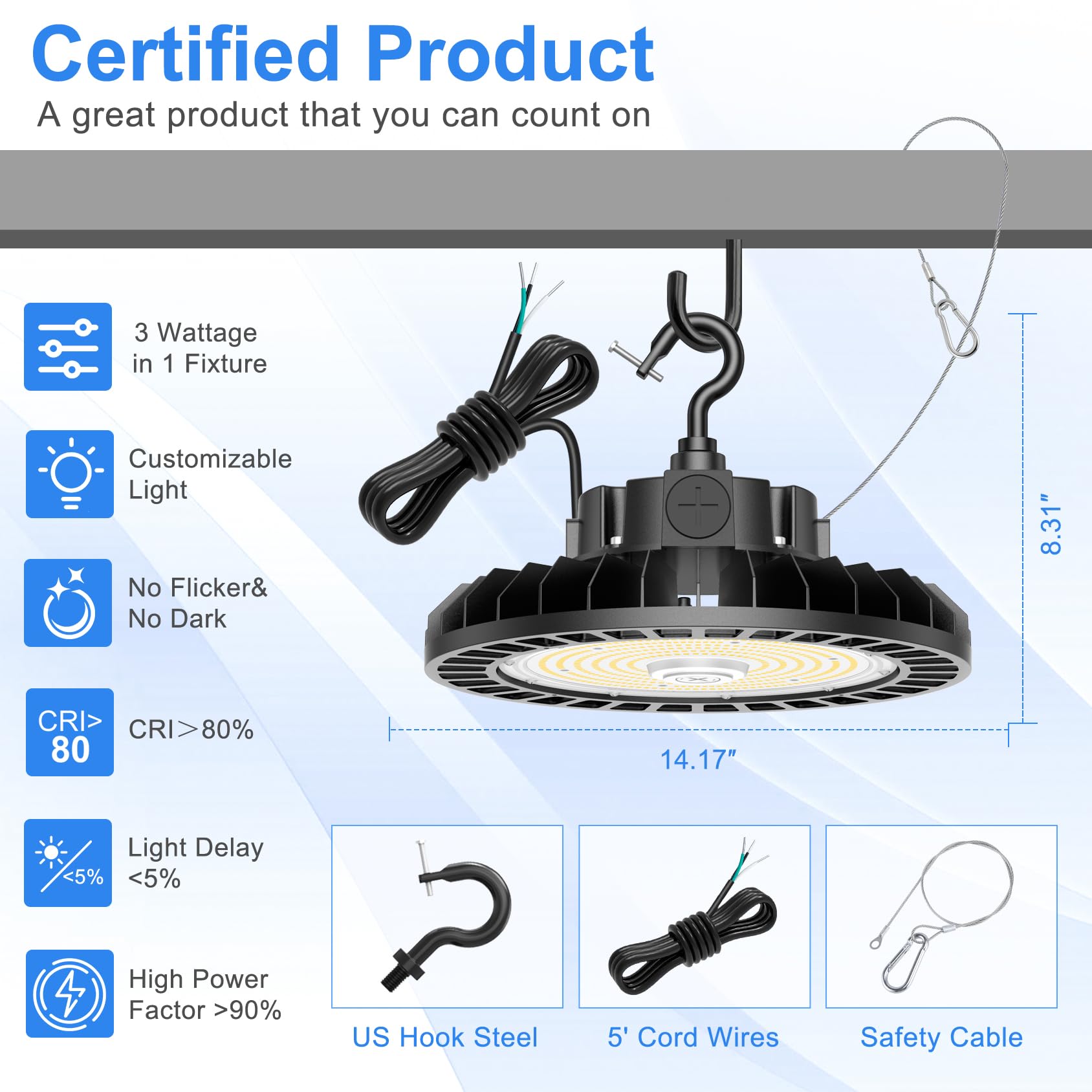 9 Pack 480V UFO LED High Bay Light 300W 240W 180W Adjustable High Bay Lights 150 LM W — view 8