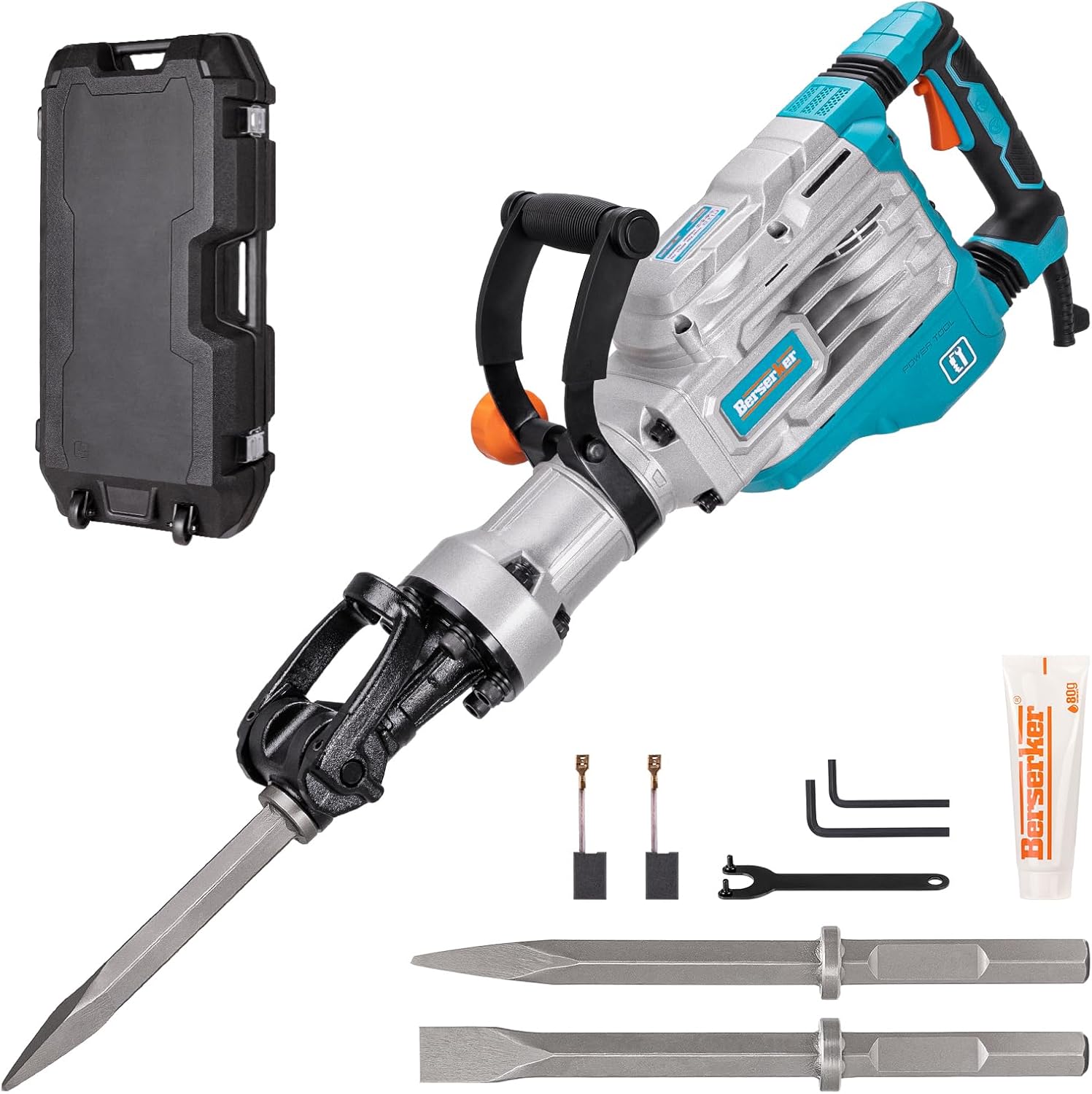 Berserker 40-Pound 1-1/8" Hex Shank Demolition Jack Hammer, 1700W 14.5-Amp Heavy Duty Concrete/Pavement Breaker with Carrying Case Flat Chisel & 2 Bull Point Chisel
