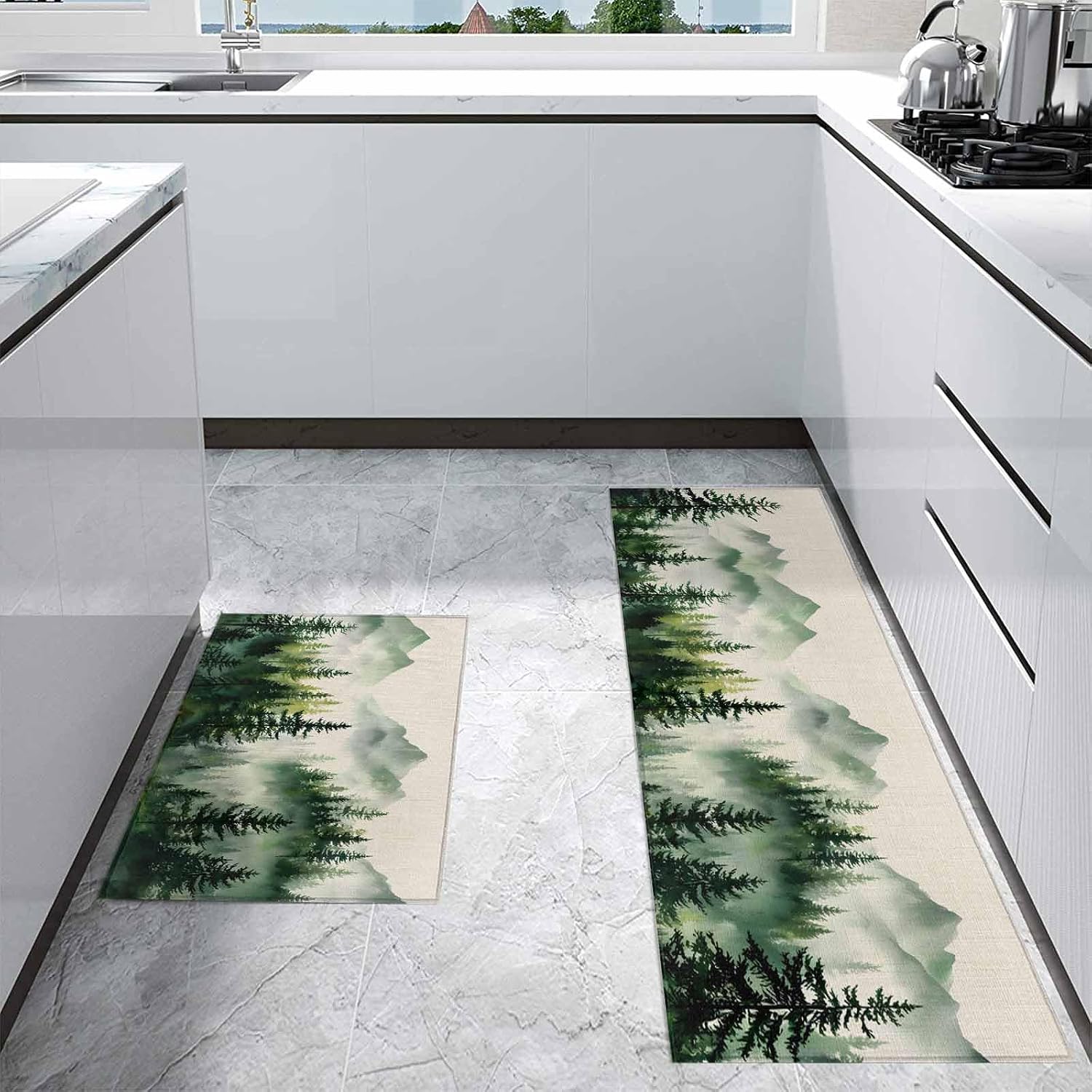 Kitchen Mats for Floor Watercolor Forest Ombre Green Washable Non Slip Kitchen Rugs 2PCS, Vintage Linen Texture Absorbent Standing Mats for Sink Bathroom Office Living Room 15.7x23.6in+15.7x47.2in