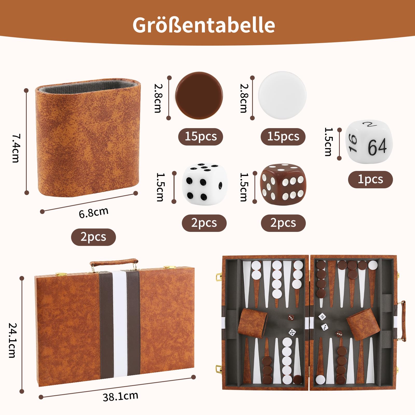 Backgammon Set,15 Zoll Backgammon Reise, Backgammon Koffer, 2 Spieler Brettspiel, Tragbares Reise Strategie Spiel Set mit Würfelbecher, für Erwachsene und Anfänger(Braun)