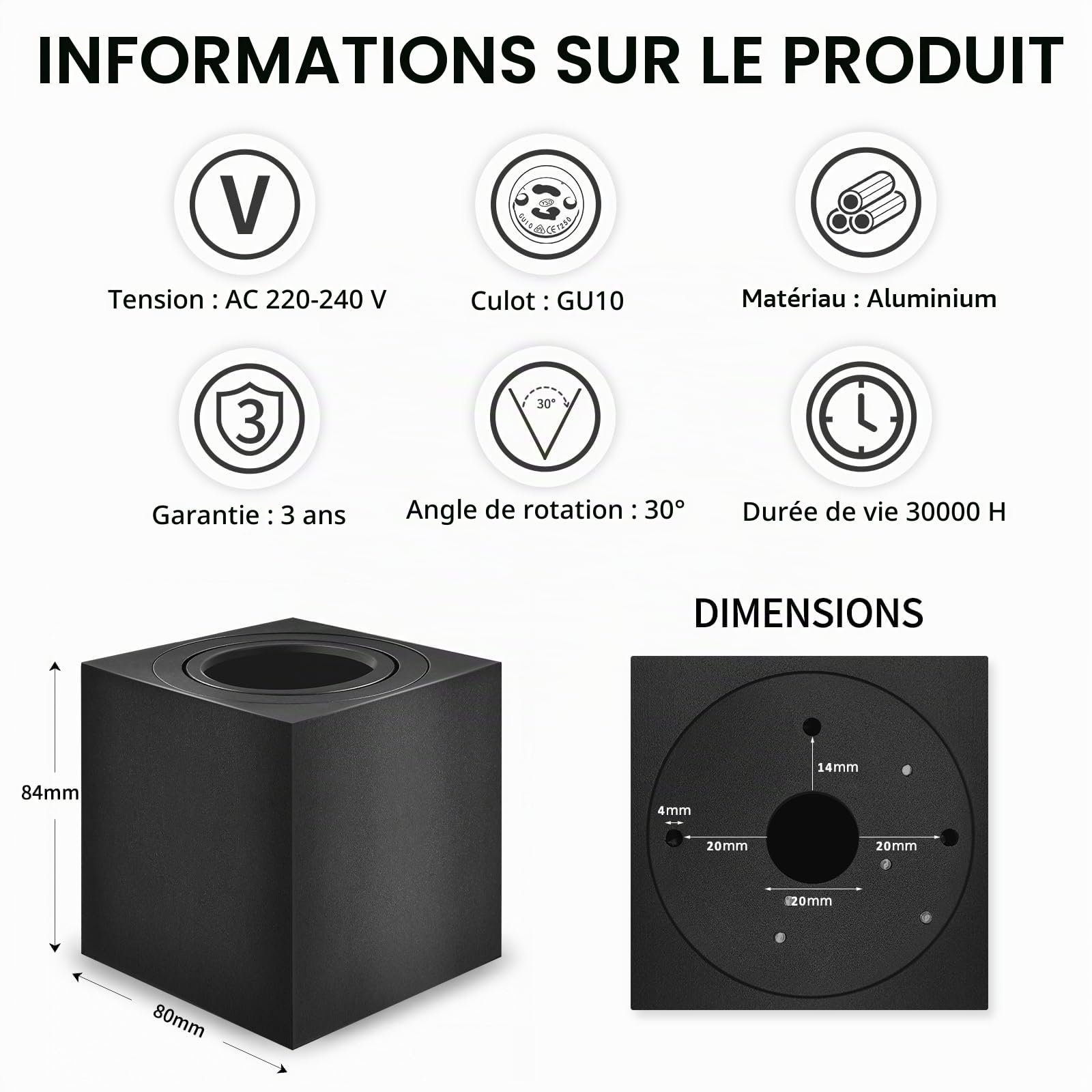 GeyouLux Spots GU10 en Saillie Noir, 80x84mm Spots Plafond Carrés, Orientables 30°, Plafonnier 230V avec Douille GU10, Spots de Surface en Aluminium, Sans Ampoules, 4 Pièces