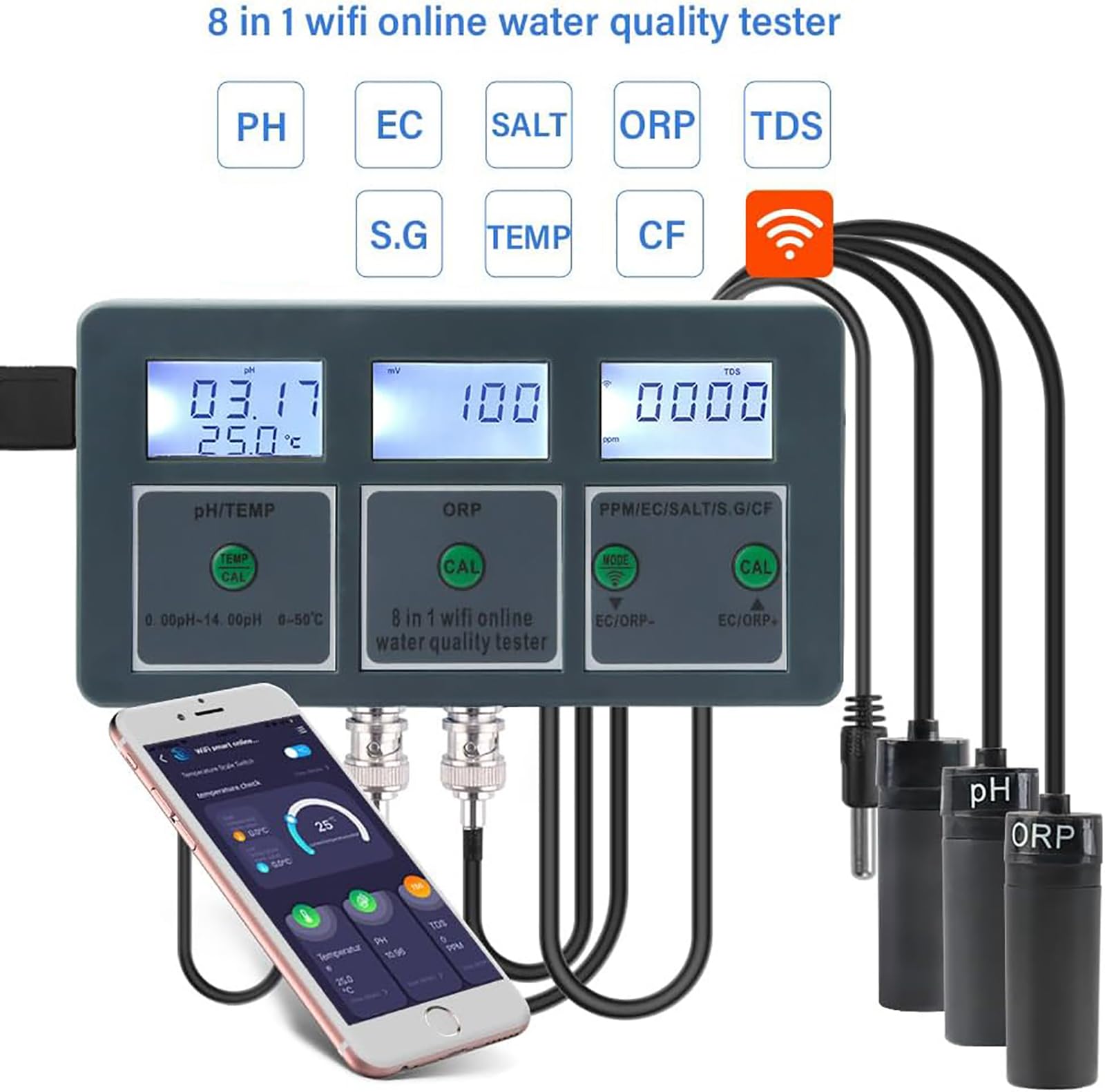 Rilevatore di Salinità dell'Acqua di Mare 8 in 1, Rilevatore di qualità dell'Acqua per Acquari, Esportazione Dati, Analizzatore Multiparametrico, Facile da Usare, per Acquari, Piscine