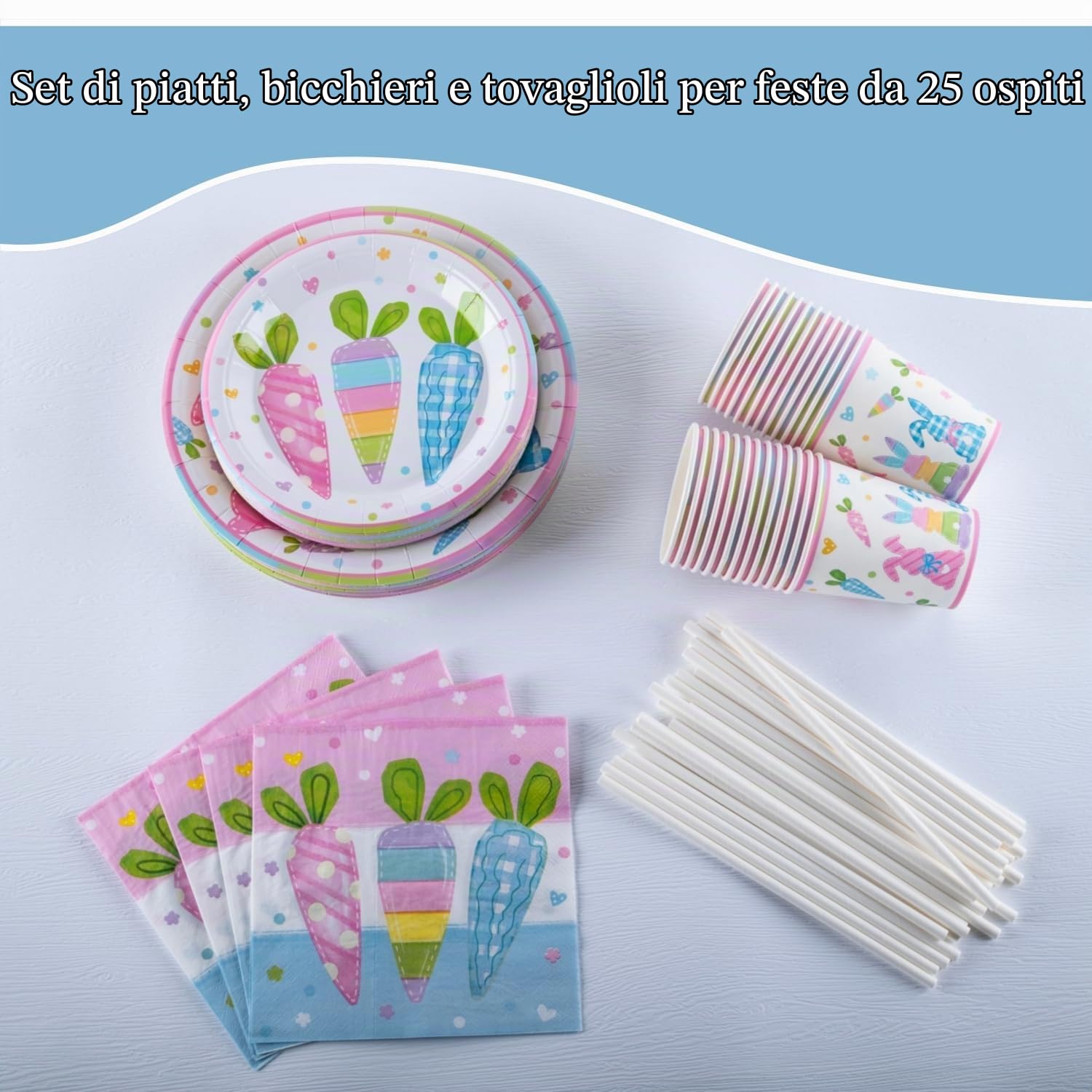 Set di Piatti, Tazze e Tovaglioli per 25 Ospiti, Stoviglie per Feste a Tema Coniglietto, Include Piatti di Carta (17,8 & 22,9 cm), Tazze, Tovaglioli, Cannucce, Ideale per Pasqua, Compleanno