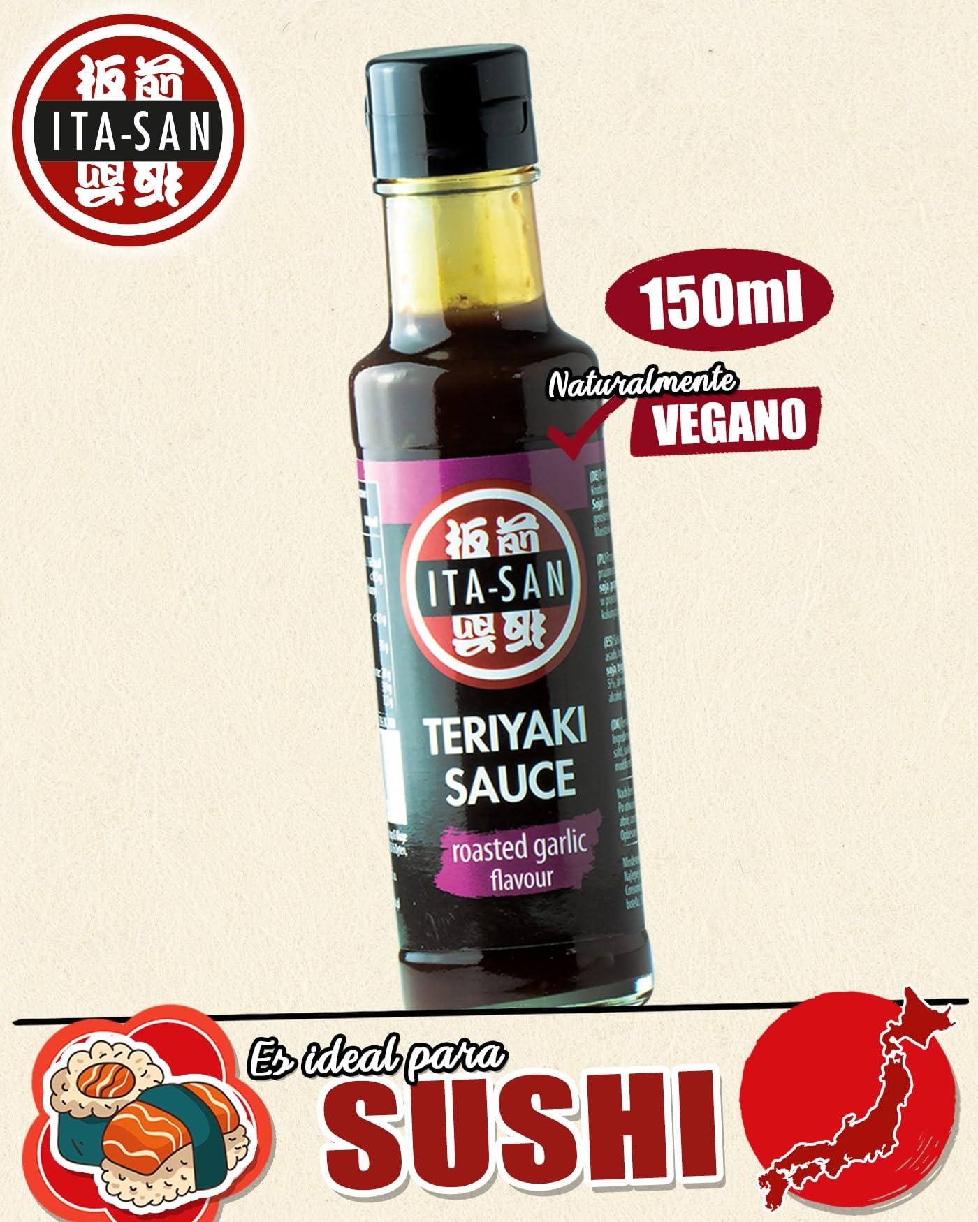 ITA-SAN Salsa Teriyaki con sabor dulce a soja y un toque de ajo, es una salsa sazonadora con aromas orientales, 1 x 150 ml