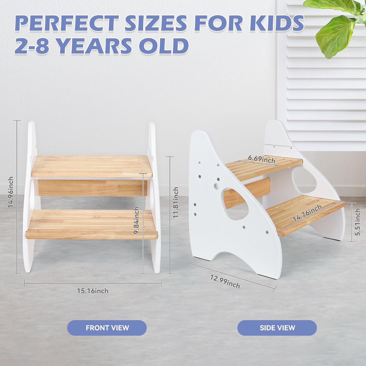 toddler step stool, adjustable height 2 step stool for kids with handles & non-slip pads, rubberwood kids step stool for bathroom sink, kitchen & bedroom, supports up to 350 lbs, for adults & kids natural-white