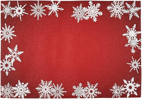 Bolaz Juego de 4 manteles individuales abstractos con diseño de copo de nieve rojo de Navidad, lavables, para cocina, comedor, decoración de mesa