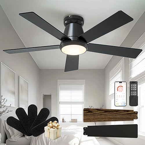 CubiCubi Ceiling Fans with Lights, 42 Inch Low Profile Ceiling Fan with Light and Remote/APP Control, Flush Mount, Stepless Dimmable, 6 Speeds, Quiet, LED Smart Ceiling Fans for Indoor Bedroom, Black