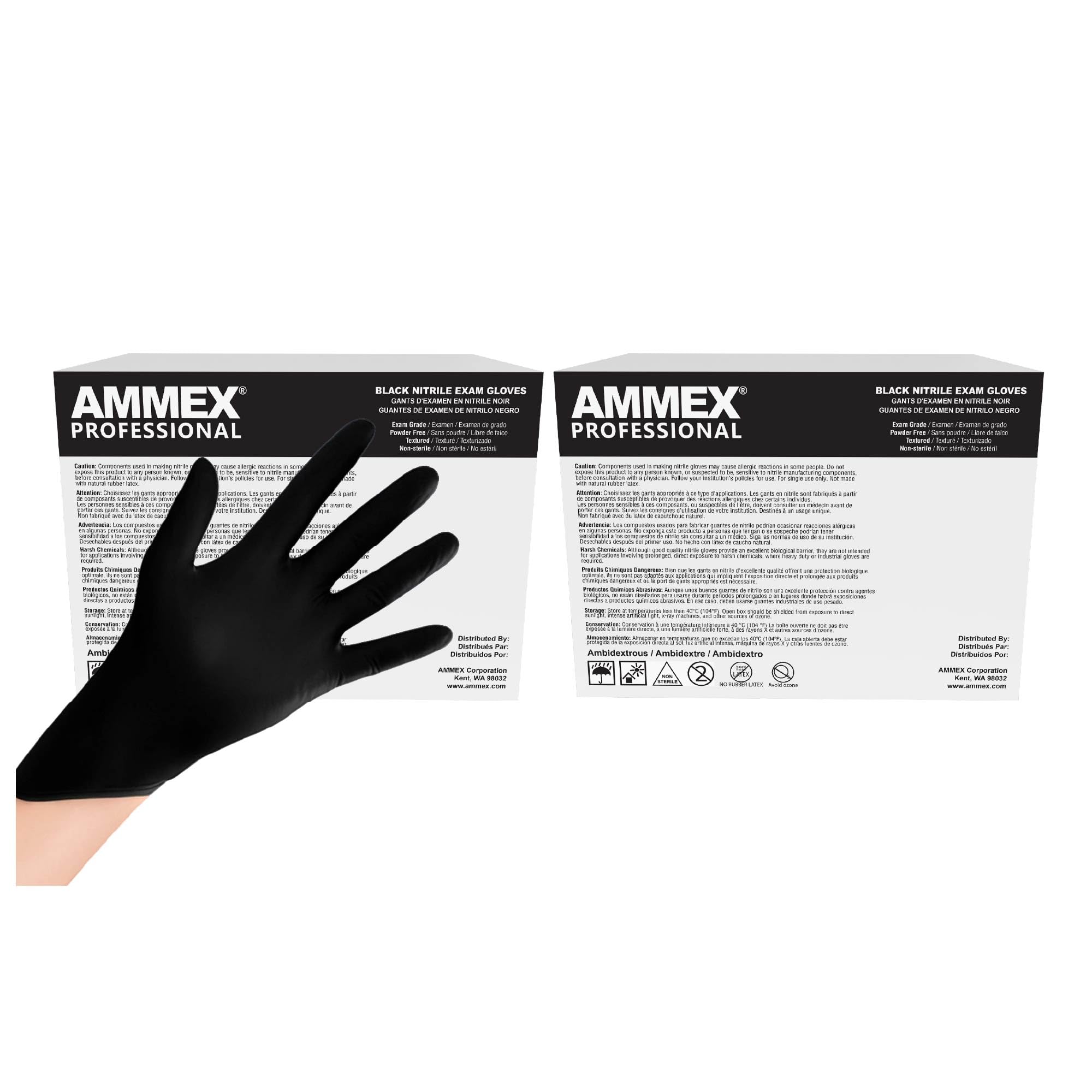 AMMEX 3 Mil Black Nitrile Gloves, Disposable Latex Free, Powder Free, Exam Grade, Medical Use, Food Safe, Small, 2 Cases of 1000