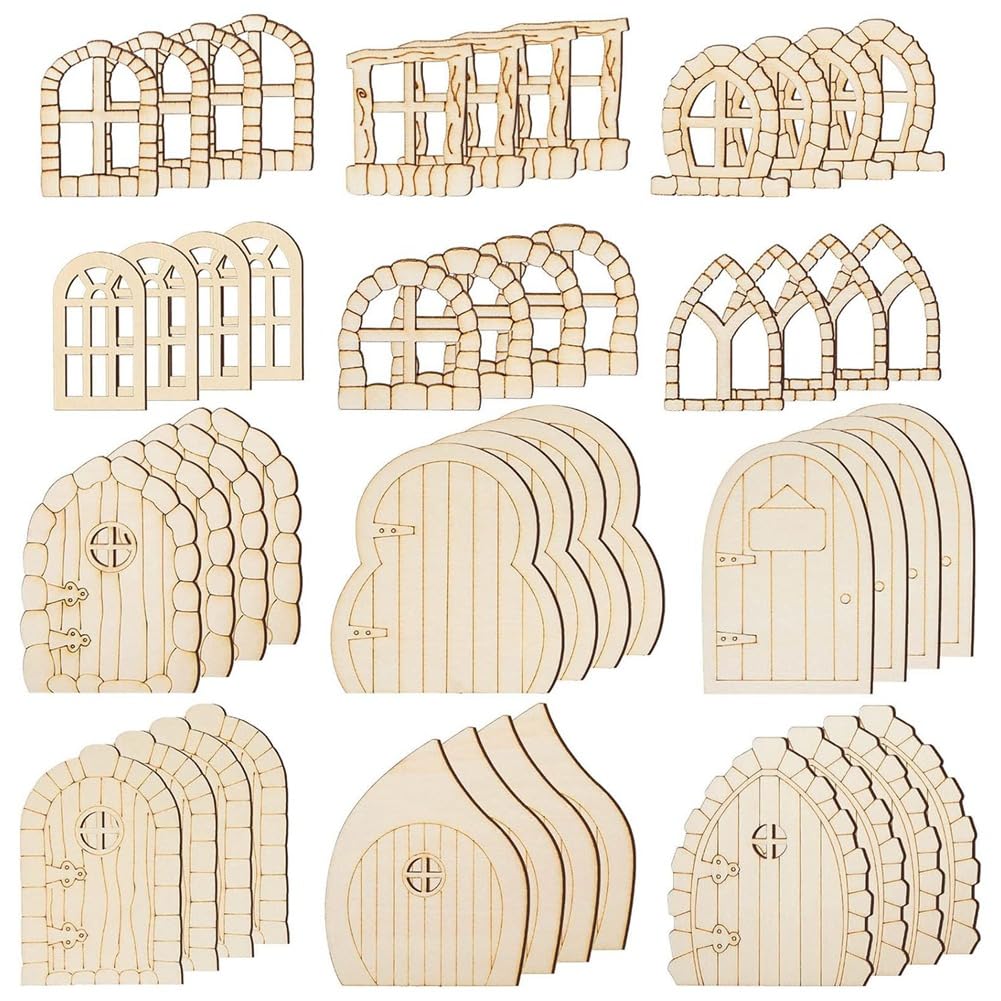 CTRLZS 48 Pcs Fairy Door Wooden Garden Doors Craft Mini Window Fairy House Kit Unfinished Miniature Door Unpainted Fairy Window