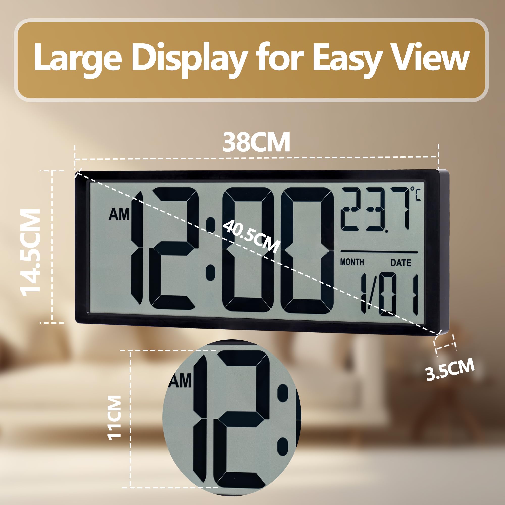 Maxstar Grande orologio digitale da parete, 38,1 cm, funzionamento a batteria, con data e temperatura, 12/24 ore, secondi, sveglia, DST, da scrivania/montaggio a parete, per casa, ufficio, camera da