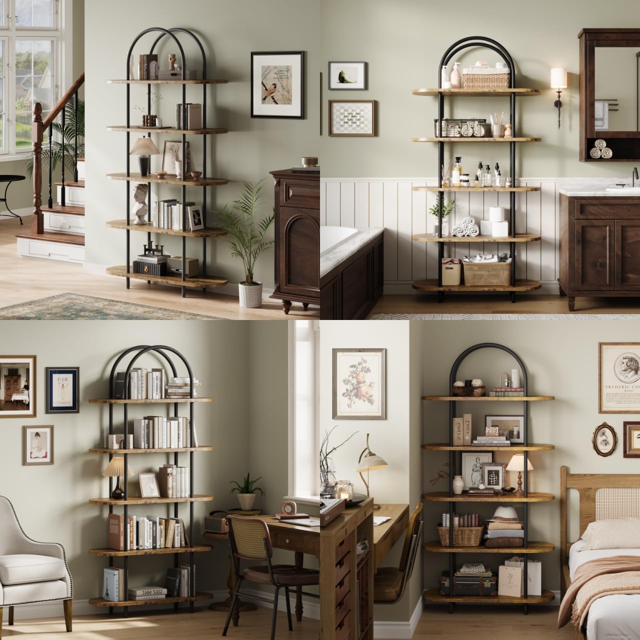 IDEALHOUSE Set di 2 librerie da 180 cm, design ad arco, scaffale aperto a 5 livelli, scaffale alto stretto con telaio in metallo, per casa, ufficio/soggiorno, 1 articolo, più scatole