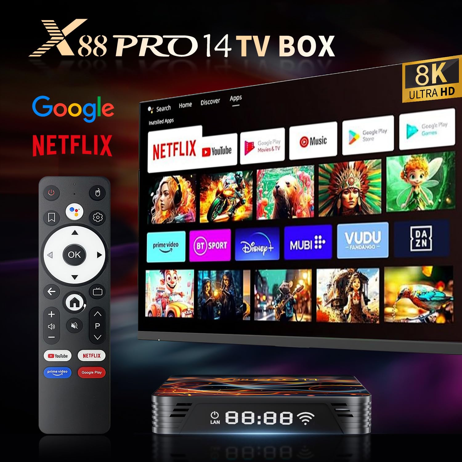 Android TV Box 14.0, 2025 8K Android Box mit RAM 2 Go ROM 32 Go WiFi6 Enternet 10/100M Bluetooth 5.0 USB3.0 Soporte 3D HD 8K Boitier TV Android