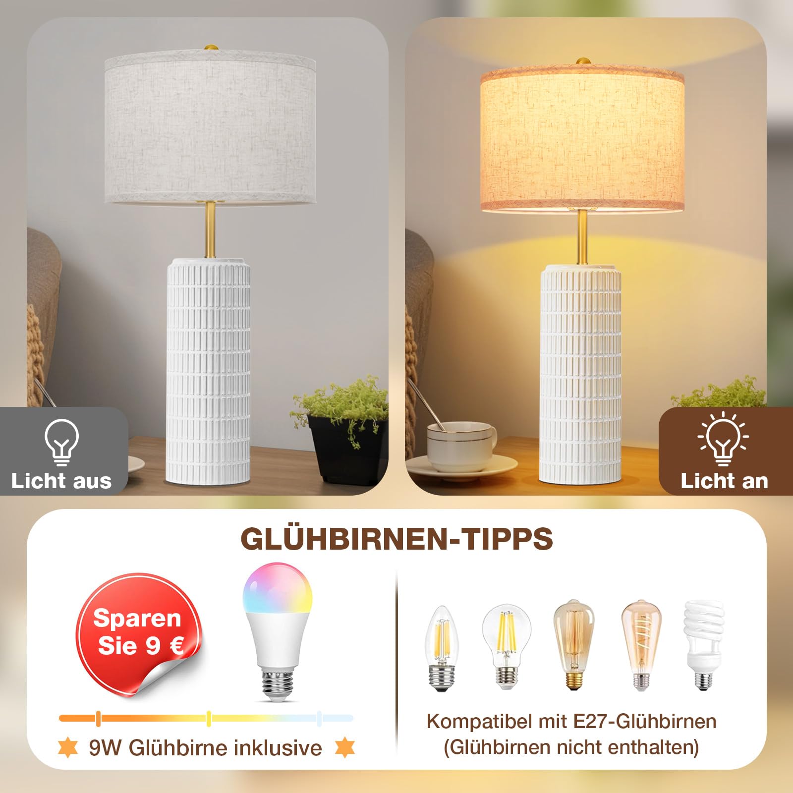Tischlampe Keramik 2er Set mit Timer, Dimmbar Nachttischlampe Fernbedienung | 1.3kg Keramiksockel & Leinenschirm mit Stufenlos 3 Farbtemperaturen Dimmbar, Vintage für Schlafzimmer, Wohnzimmer, Büro