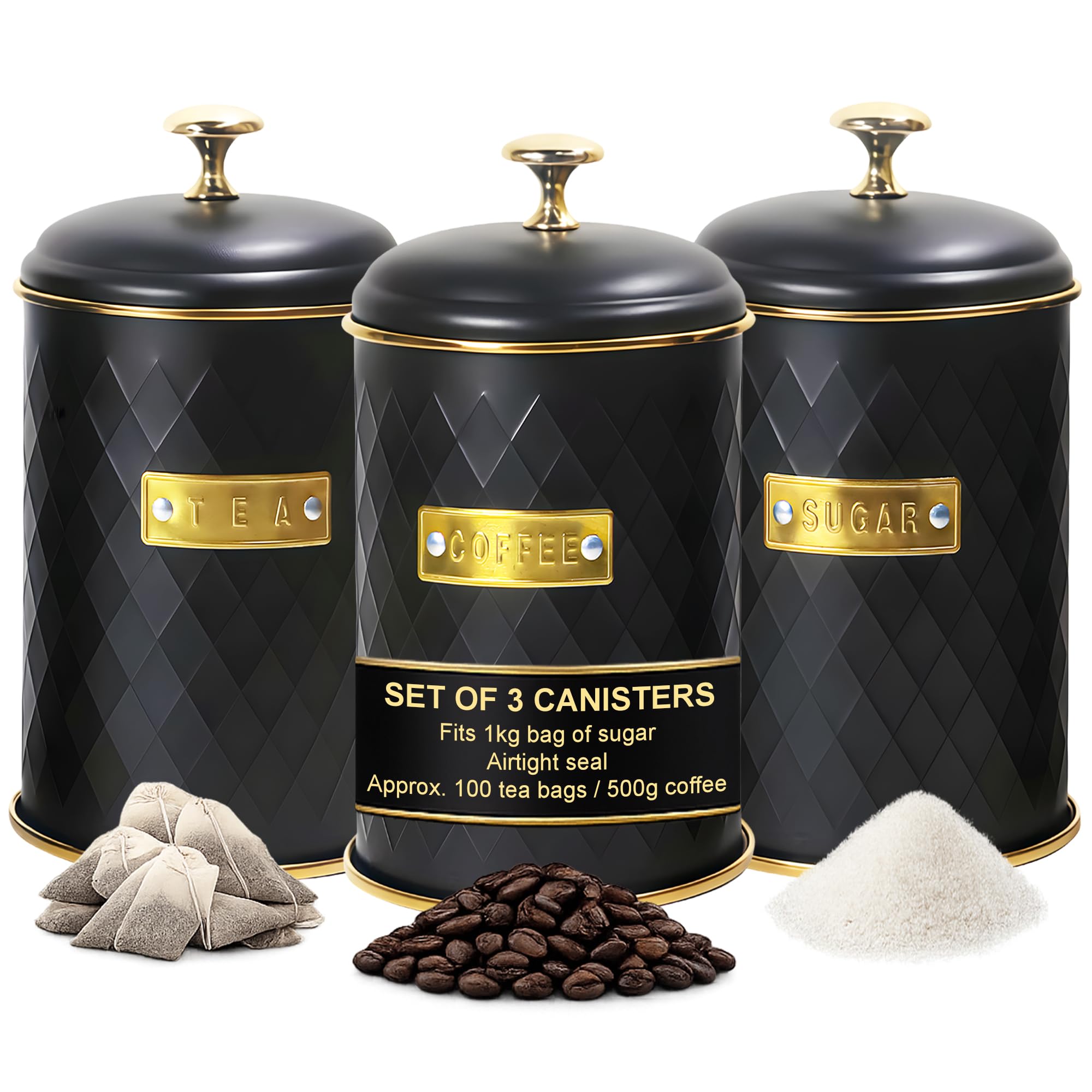 Limitless Essentials Black/Gold Tea Coffee Sugar Canisters, Airtight Durable Lightweight Tins, Set Of 3