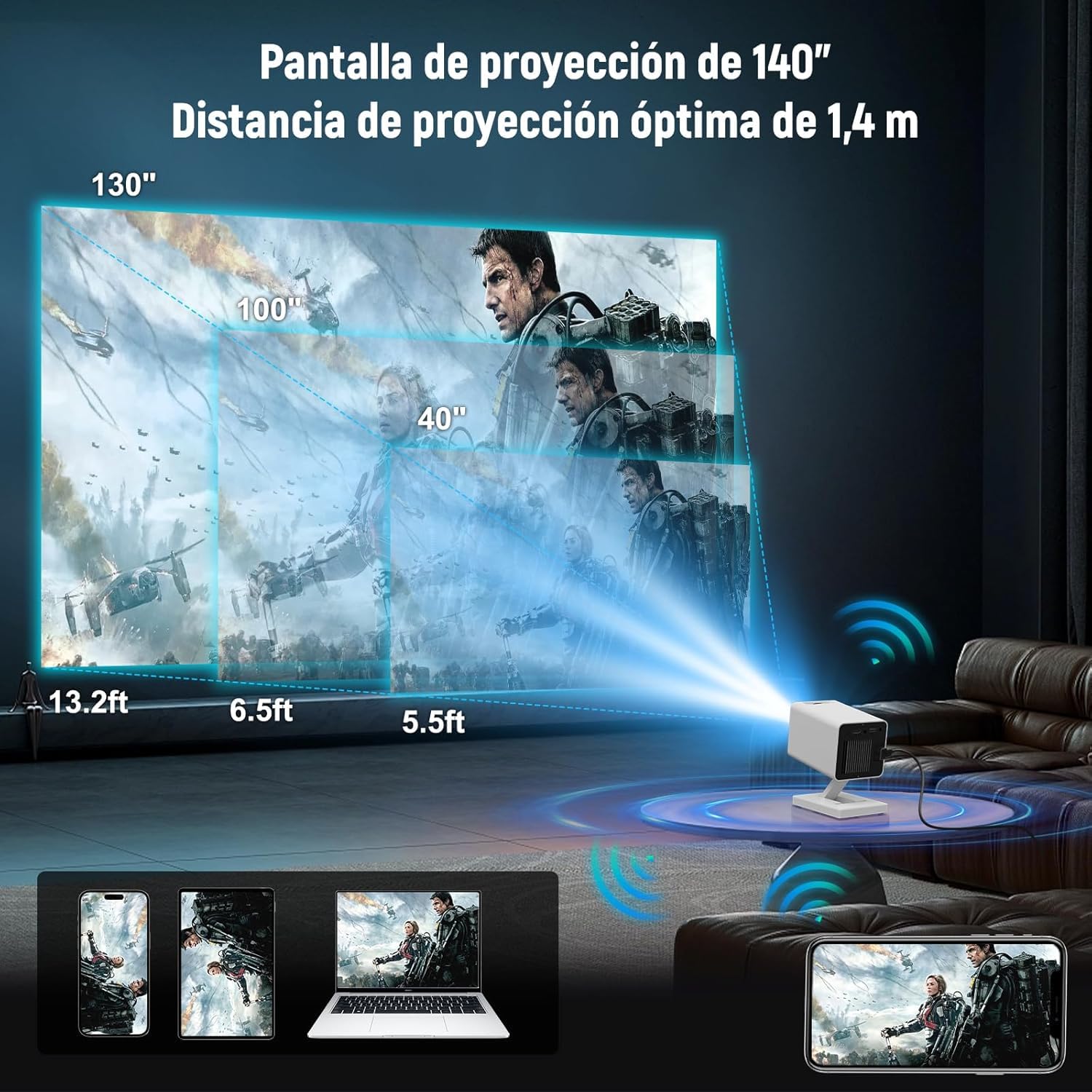 Putbecy Mini Proyector Portátil 4K con 1080P Nativo, Android 11, WiFi 6 y Bluetooth 5.4, Corrección Trapezoidal Automática, HDMI/USB, Compatible con Teléfono y PC, Proyector para Cine en Casa