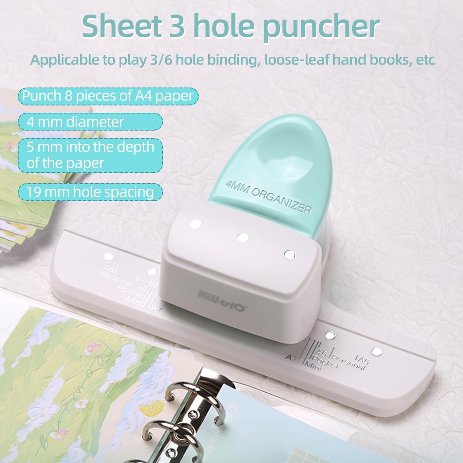 HUIOP 3 Hole Punch Paper,9027 Loose Leaf Hole Punch Daily Planner Adjustable 3 Hole Paper Puncher for A8 Mini / A7 / A7 Pocket / A6 / A6 Personal / A5 Size 8 Sheet Capacity Notebooks Scrapbooking