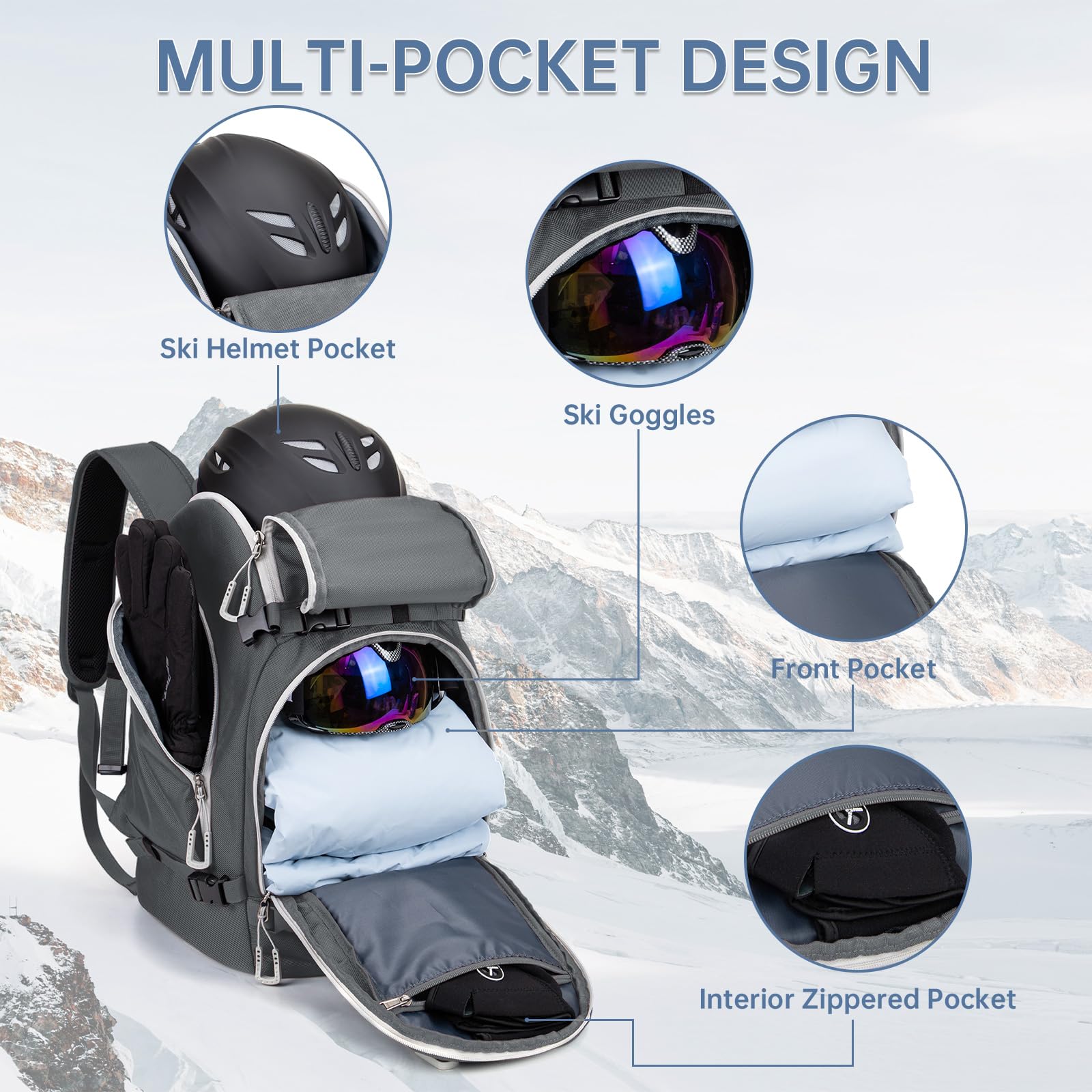 MIGGEEY Borsa per scarponi da sci con scomparto per casco e scomparto per stivali [50 l], zaino da sci con tasca per casco, borsa da sci con funzione di tracolla e spazio per accessori da sci