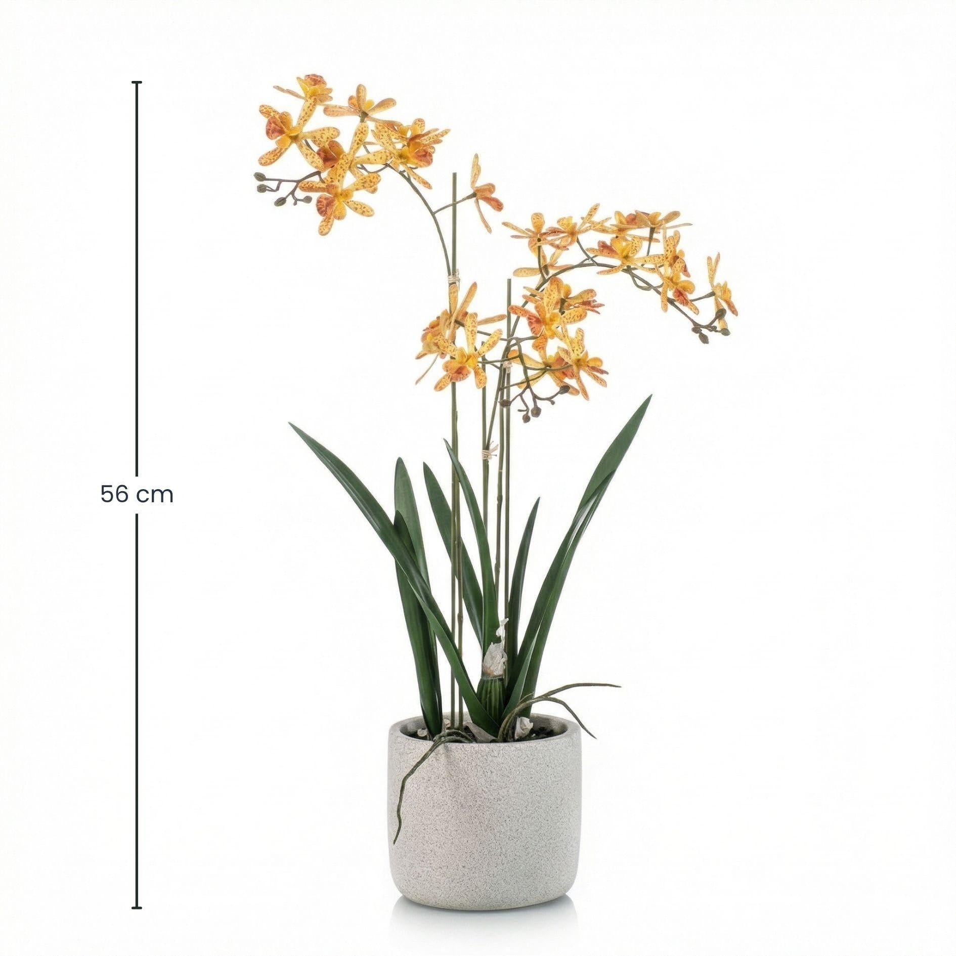 Renanthera sztuczna orchidea 56 cm w doniczce – żółta pomarańczowa roślina kwitnąca sztuczna roślina w szarej doniczce – realistyczna dekoracja storczyków, bez pielęgnacji, piękna przez cały rok