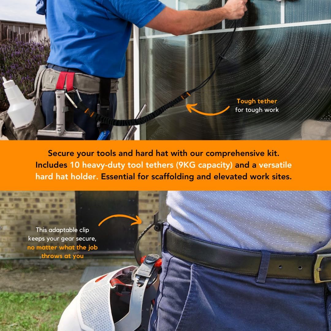 Tool Lanyards & Hard Hat Holder Kit - 10-Pack Heavy-Duty Carabiner Lanyards + Versatile Utility Belt Clip for PPE & Tool Safety - Scaffolding, Construction, & Worksite Essentials