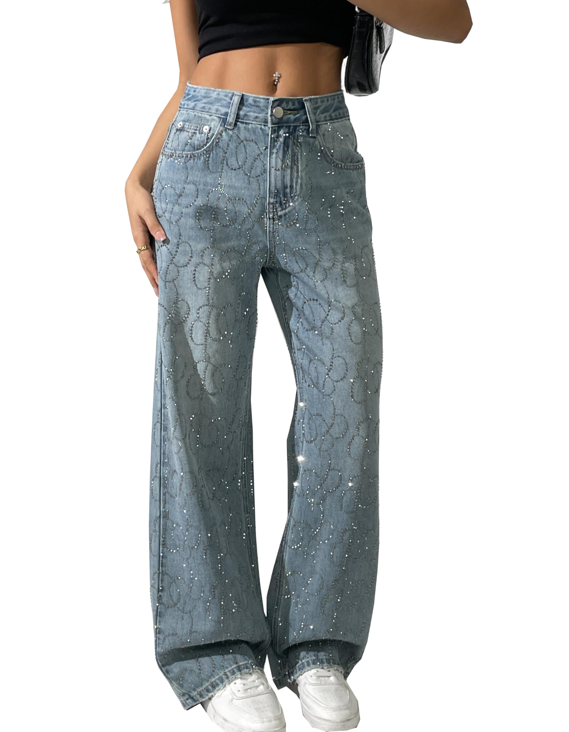 heipeiwa Women's Rhinestone Jeans Wide Leg Baggy Denim Pants High