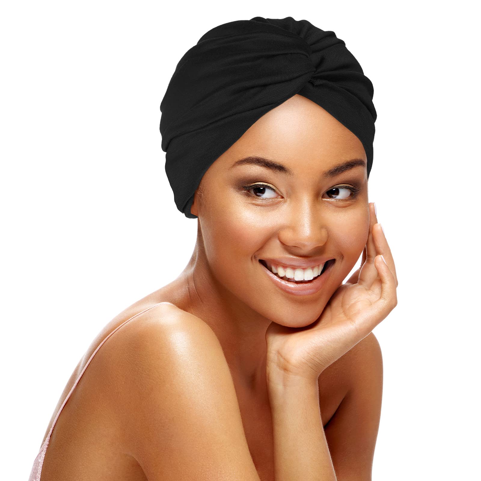 Chemo Black Turban for Women Soft Pre Tied Knot Fashion Pleated Cancer Turban Cap Chemo Headwrap Sleep Hat