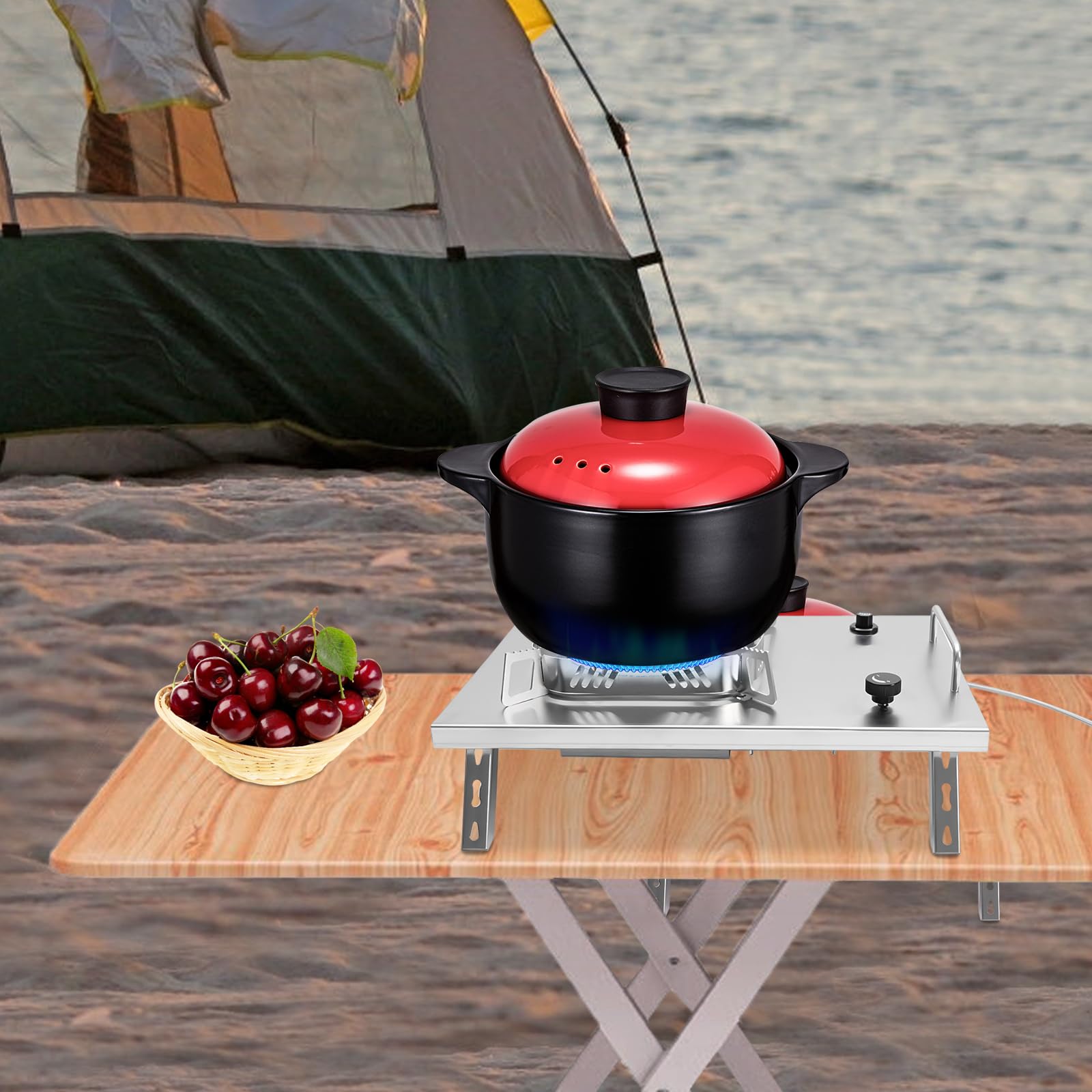 Fornello a gas da campeggio, 2600 W, antivento, pieghevole, portatile, per campeggio, escursionismo, picnic, pesca, attività all'aperto, in acciaio inox e rame, con borsa per il trasporto