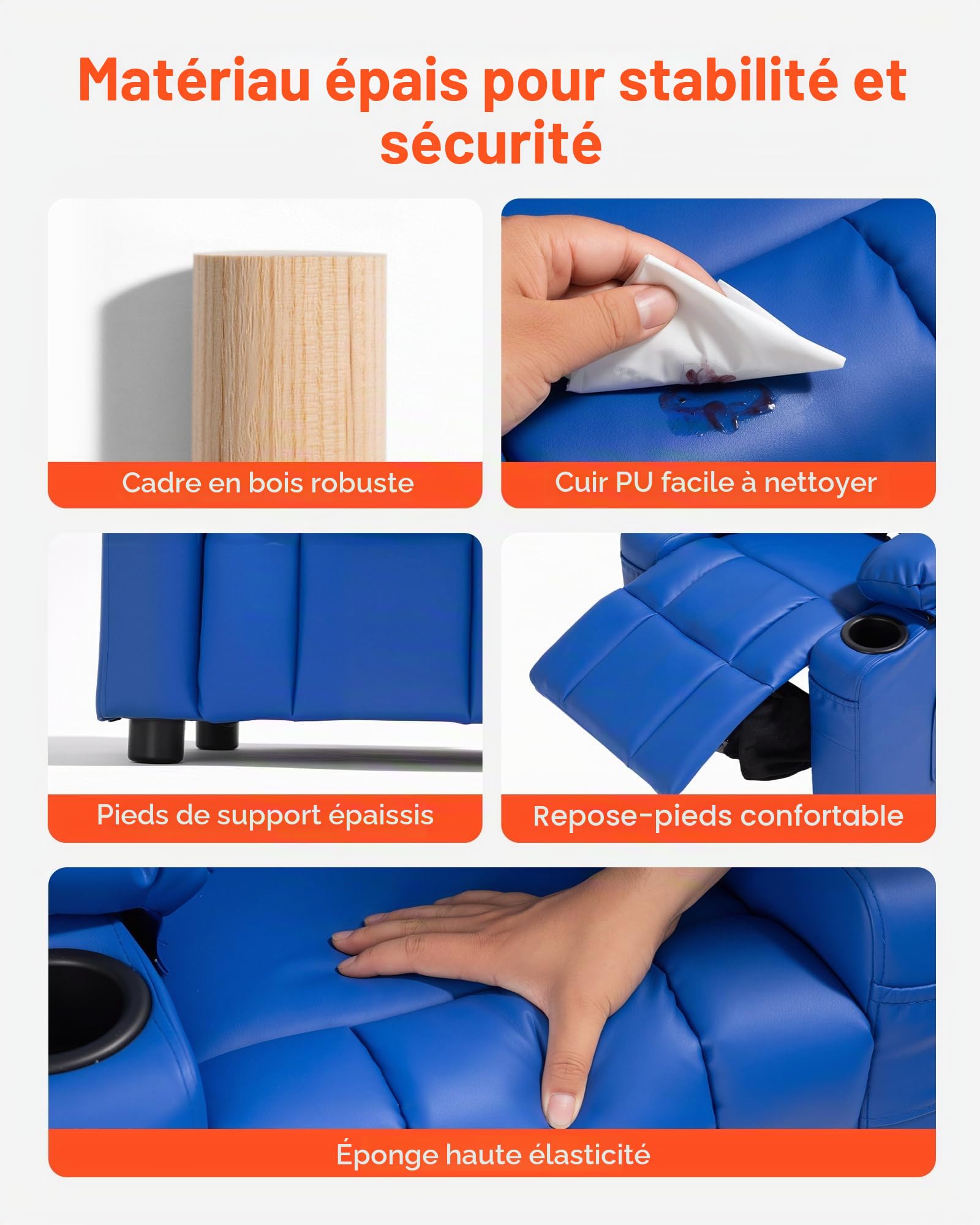 VEVOR Fauteuil inclinable pour enfants, chaise relax ergonomique avec 2 porte-gobelets, 4 poches et repose-pieds, dossier réglable 107°-126°, en cuir PU facile à nettoyer, pour chambre d’enfants, bleu
