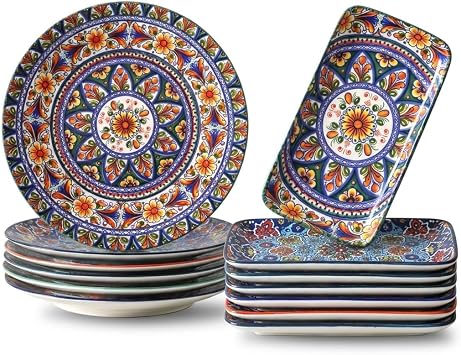 glowworm HandPainted Bohemian Ceramic Plates Set, Round & Rectangular Assorted Trays, Microwave Dishwasher Safe for Dining & Entertaining
