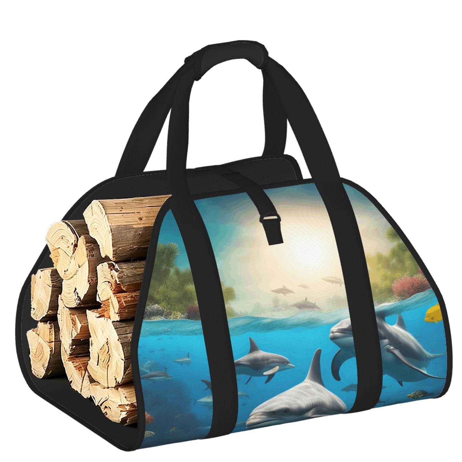 Ayyqwe Black Dolphins Sea Turtle Shark Octopus Coral Print Firewood Bag Wood Waterproof Versatile Camping Picnic Storage Daily Home