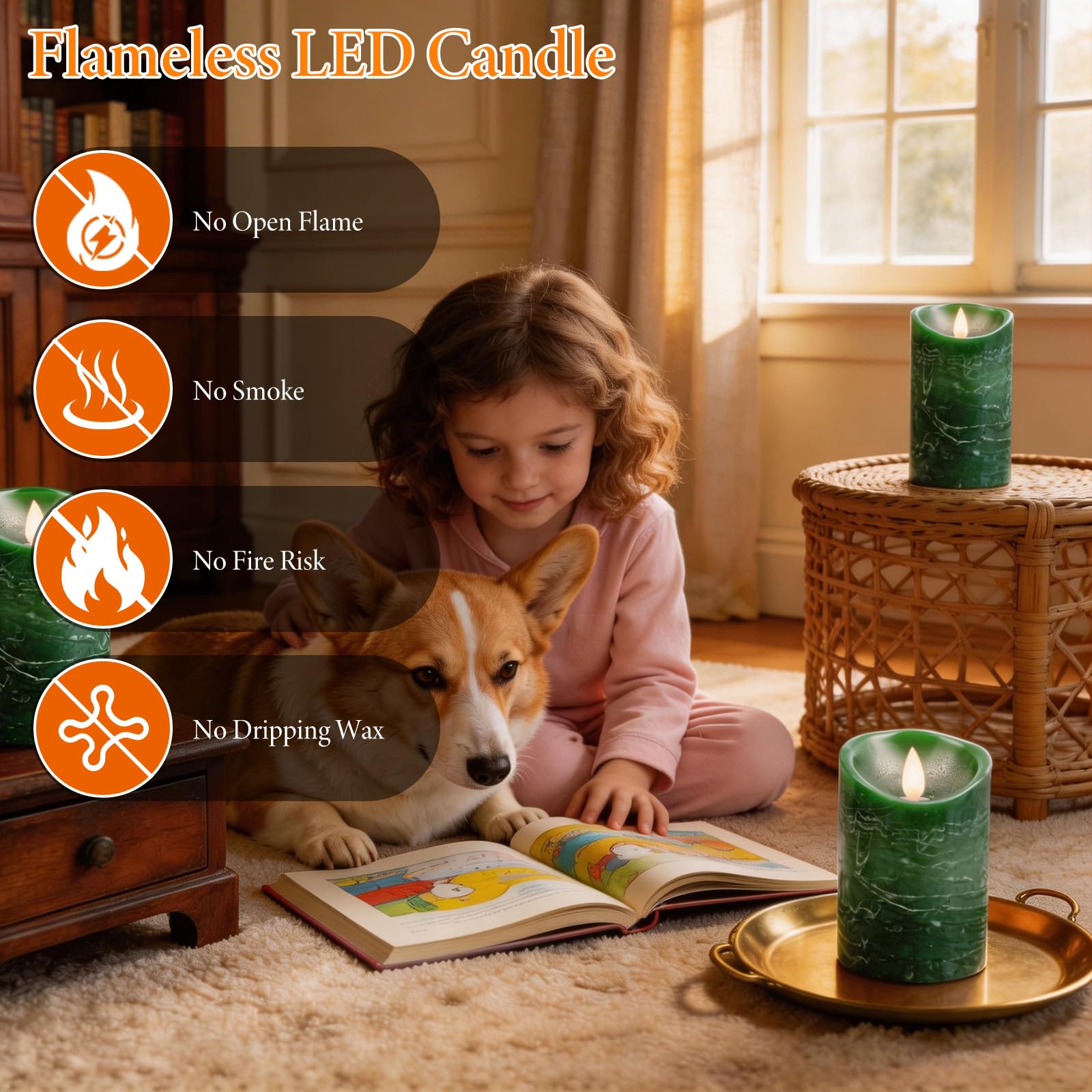 Candele LED Ricaricabili [3 pezzi] Candele a Pilastro Elettriche a LED Senza Fiamma, Tremolanti con Timer Remoto, Candele LED per Matrimonio Festa Halloween Natale Decorazione Della Verde