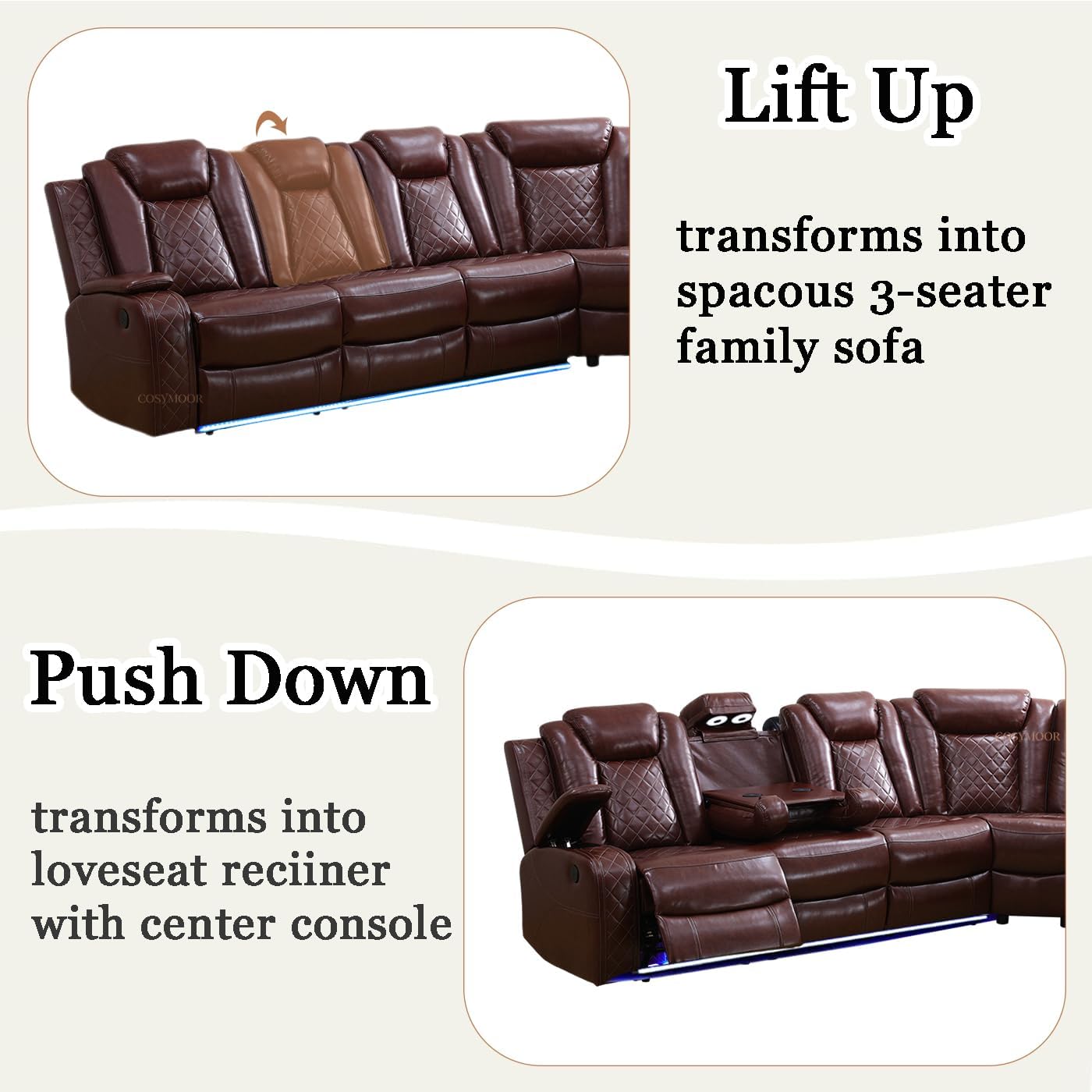 Living Room Furniture Sets, Power Recliner Sofa Sectional Sofa with LED Light for Living Room, Brown Leather Reclining Sectional Couches Set, Cup Holder, Storage Console for Home Theater Seating