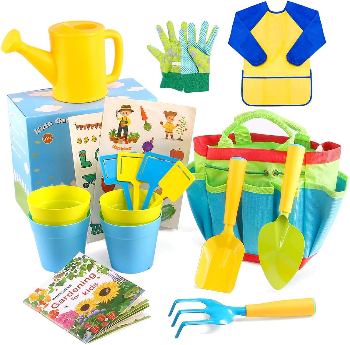 INNOCHEER Kids Gardening Tools, 9 Piece Garden Tool Set for Kids with Gardening Guide Book, Watering Can, Gloves, Shovel, Rake, Trowel, Kids Smock and Hat, All in One Gardening Tote : Toys & Games