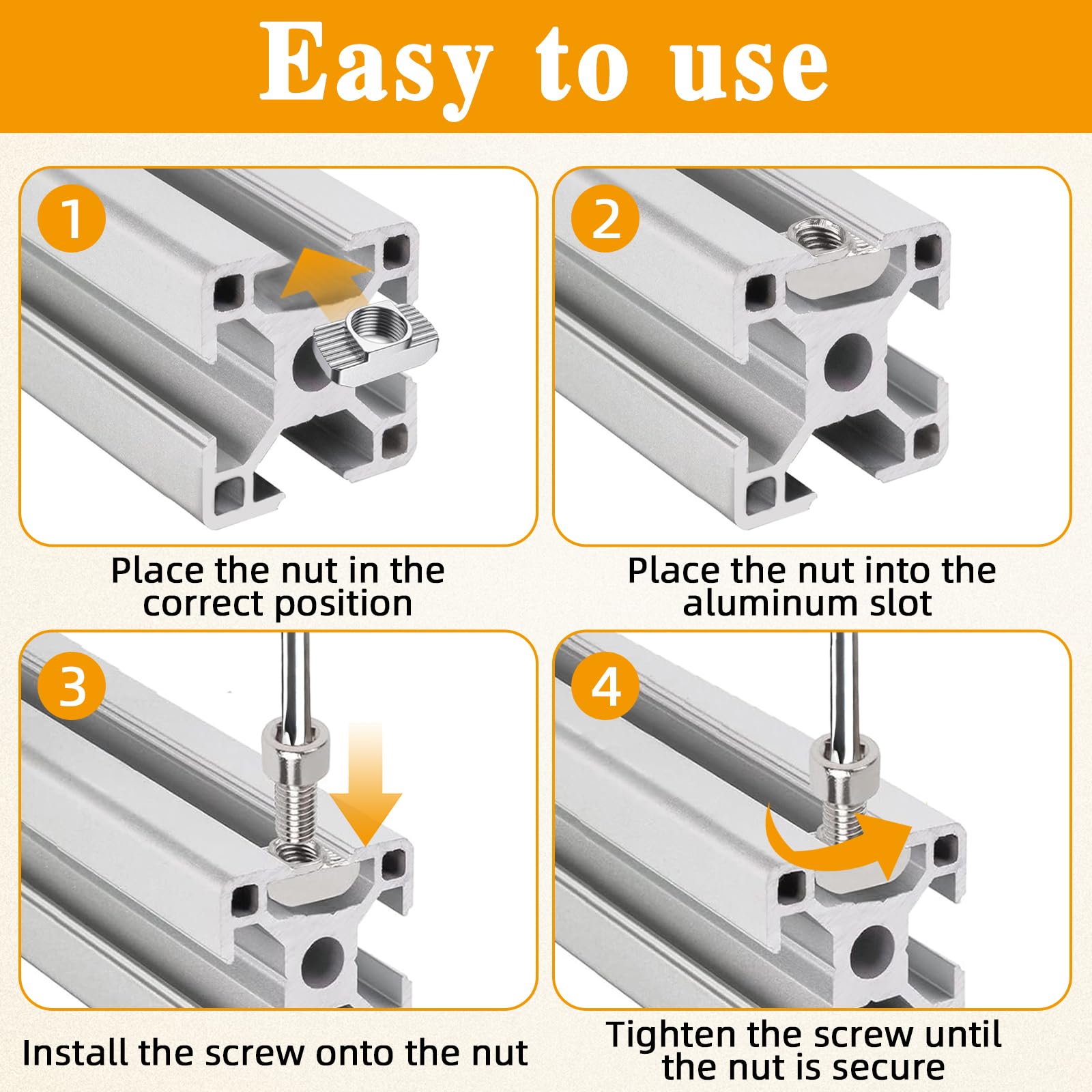60 pietre scanalate M8, filettatura M8, scanalatura da 10 mm, 8 lunghezze scanalate, acciaio al carbonio, profilo 40 x 40, adatte per scanalature profilate in alluminio (EU40-M8). Adatto per progetti