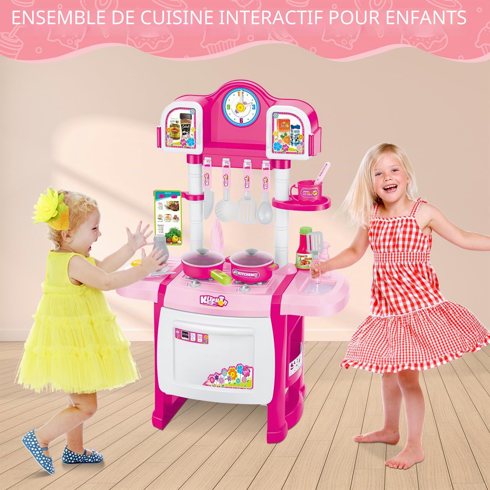 deAO Kit Cuisine pour Enfant avec lumière, Sons, évier, Ustensile Cuisine | My Little Chef Jeu de rôle Miniature avec Vaisselle, Aliments, Évier, Four et Plaques de CuisSons, Cuisine Jouet Cadeaux Rose