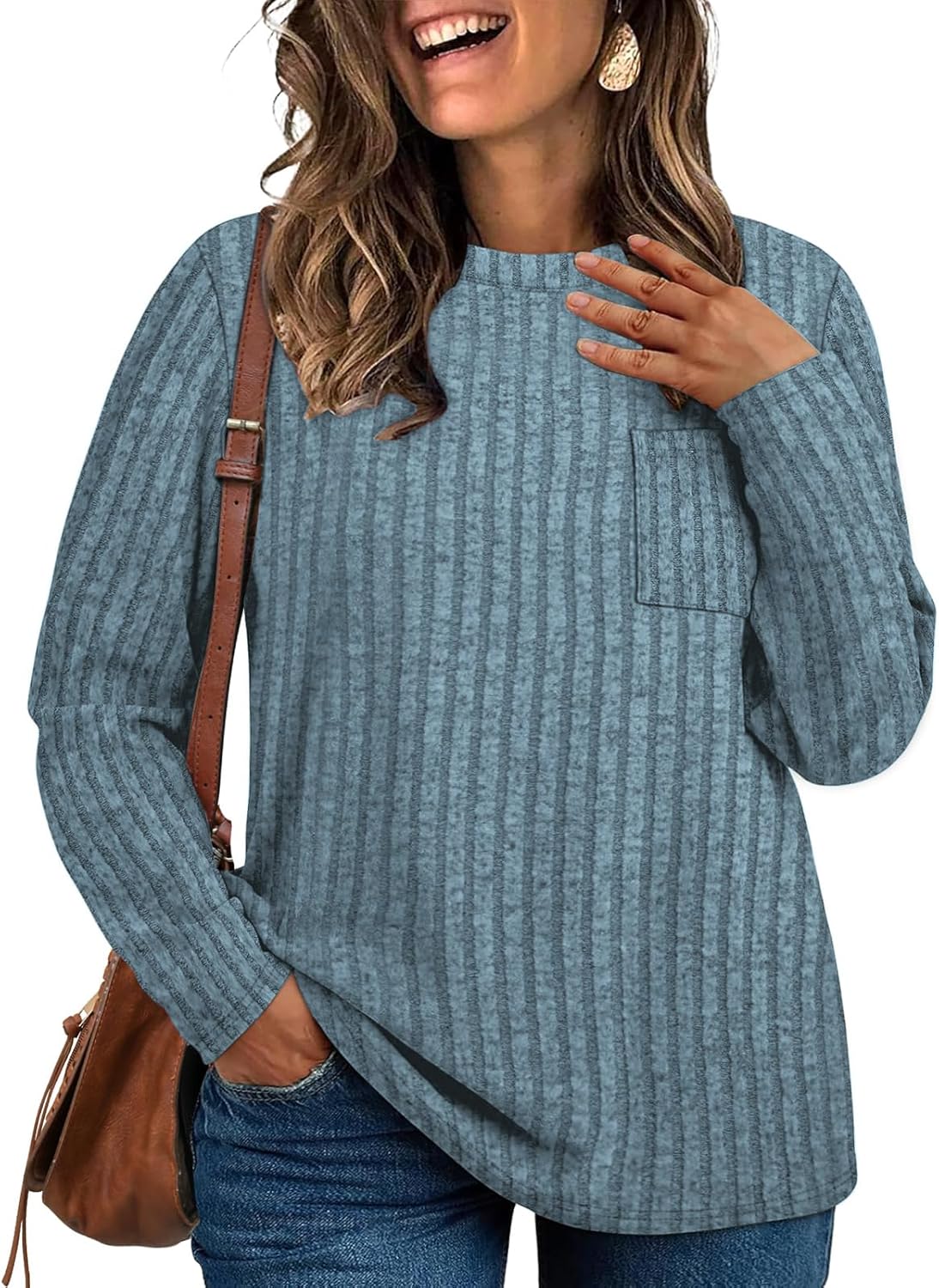 VISLILY Womens-Plus-Size-Tunic-Tops Casual Long Sleeve Crew Neck Shirts Striped Knitted Lightweight Sweaters with Cute Pocket