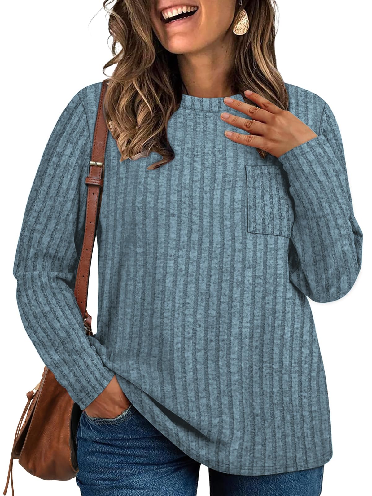 VISLILY Womens-Plus-Size-Tunic-Tops Casual Long Sleeve Crew Neck Shirts Striped Knitted Lightweight Sweaters with Cute Pocket